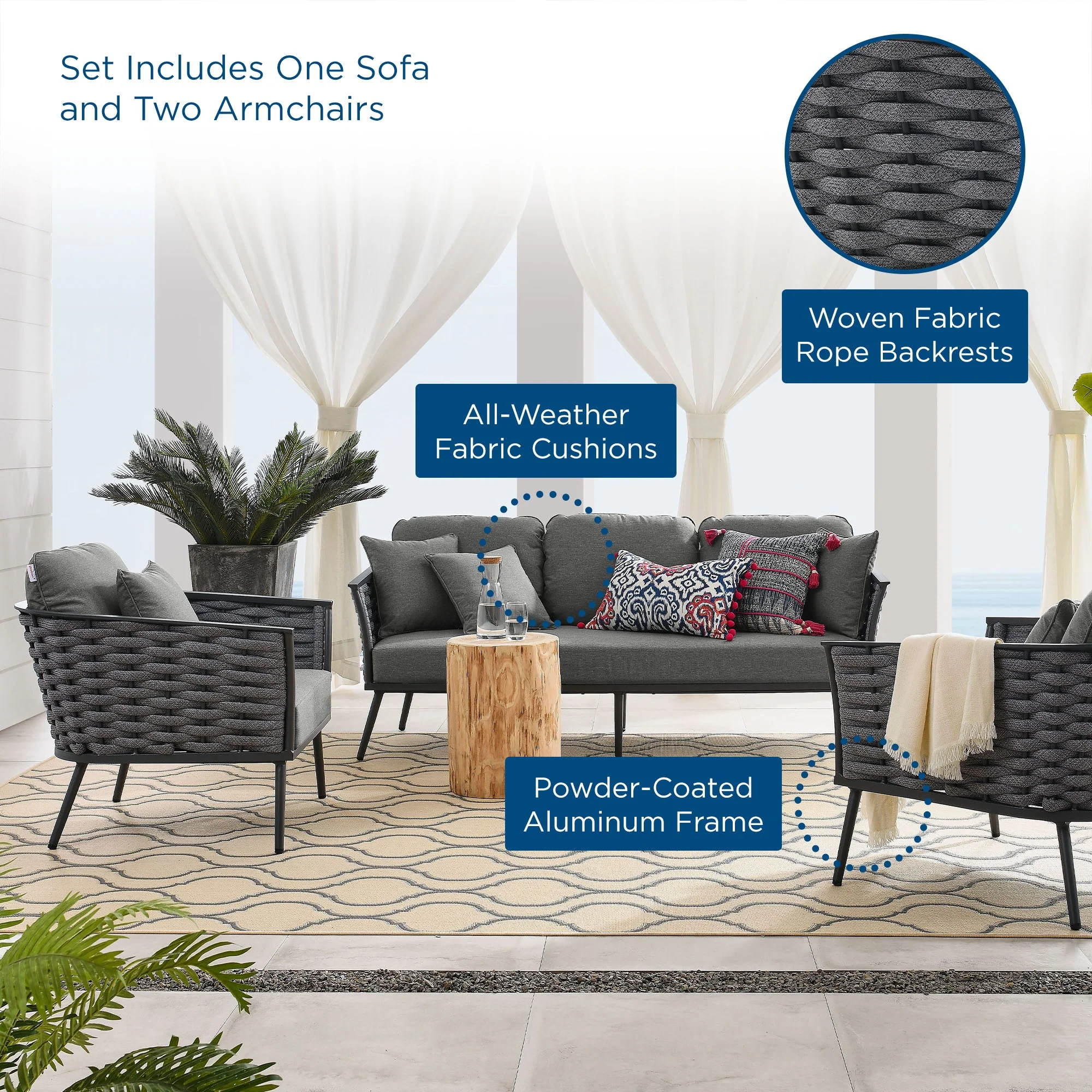 Stance 3 Piece Outdoor Patio Aluminum Sectional Sofa Set - Image 18