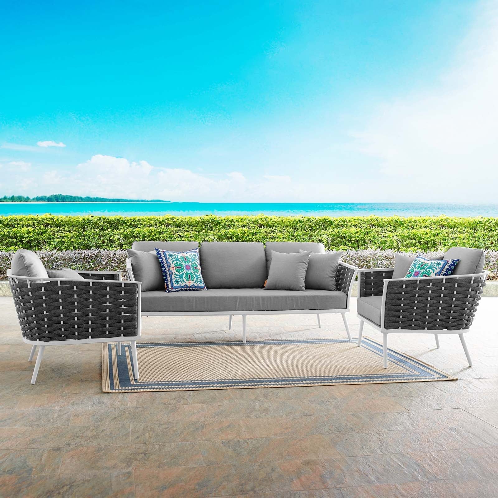Stance 3 Piece Outdoor Patio Aluminum Sectional Sofa Set in White Gray - Image 2
