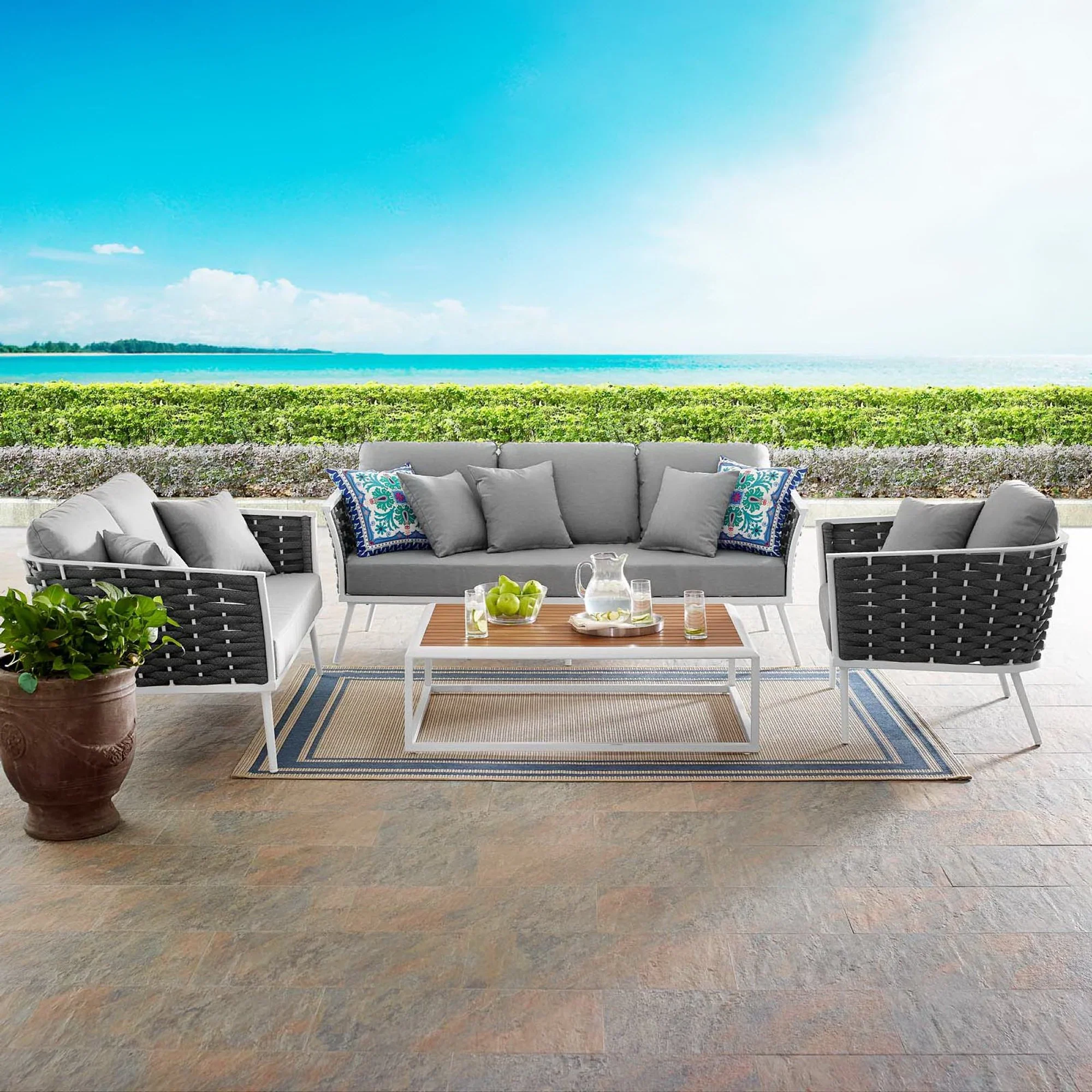Stance 4 Piece Outdoor Aluminum Sectional Sofa Set in White Gray - Image 2