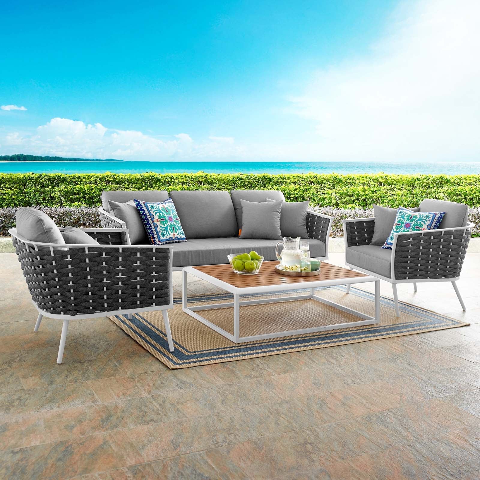 Stance 4 Piece Outdoor Patio Aluminum Sectional Sofa Set in White Gray - Image 2