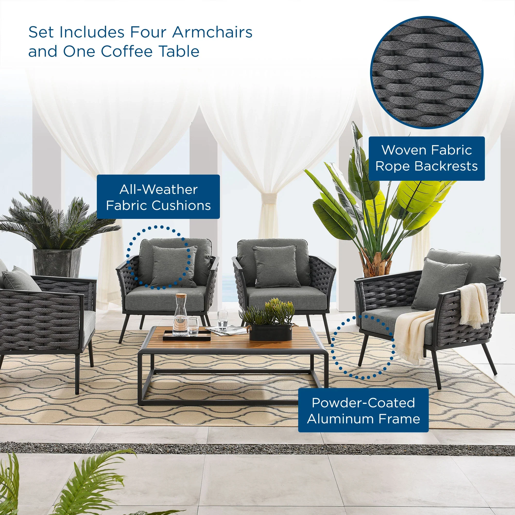 Stance 5 Piece Outdoor Patio Aluminum Sectional Sofa Set - Image 18