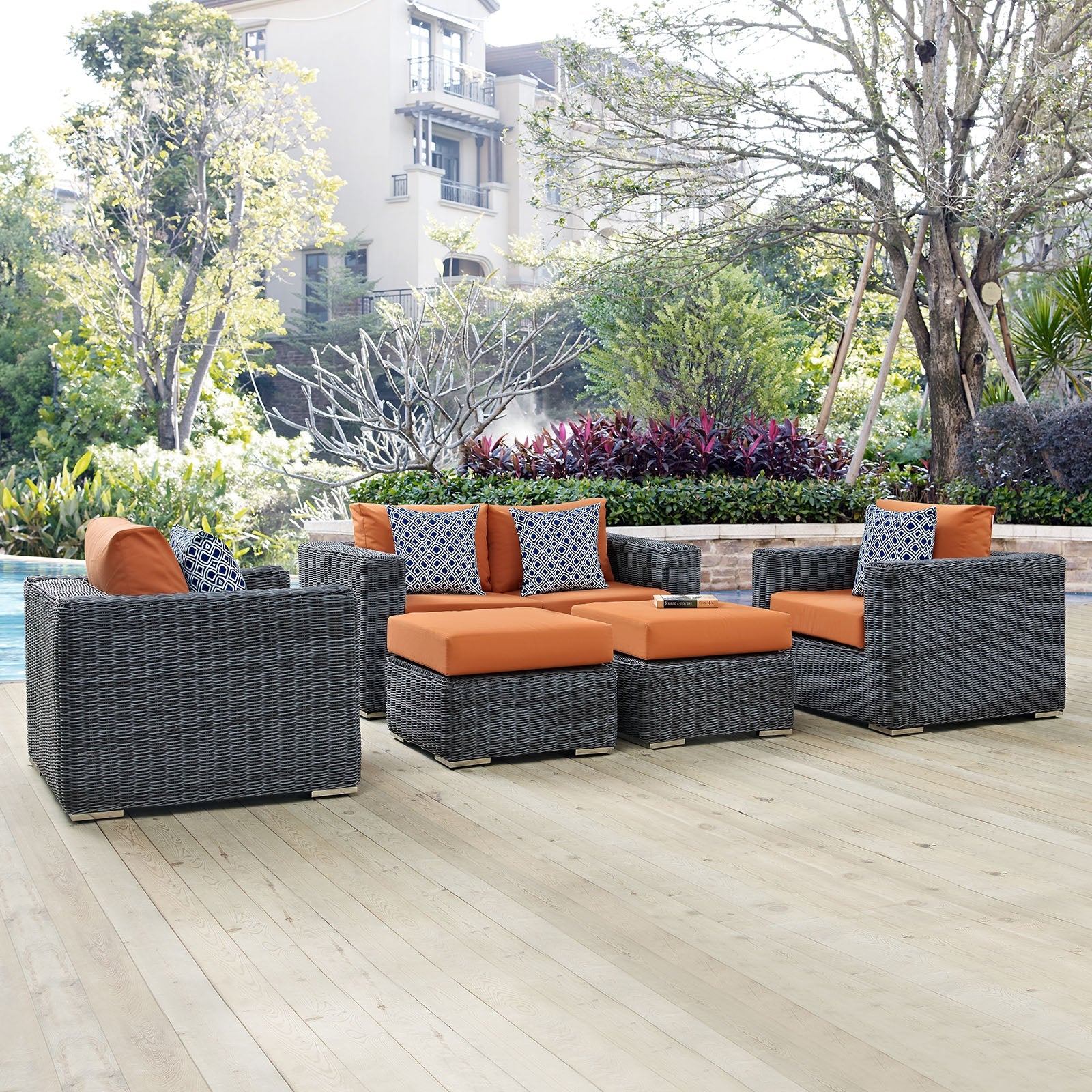 Summon 5 Piece Outdoor Patio Sunbrella® Sectional Set in Canvas Tuscan - Image 2