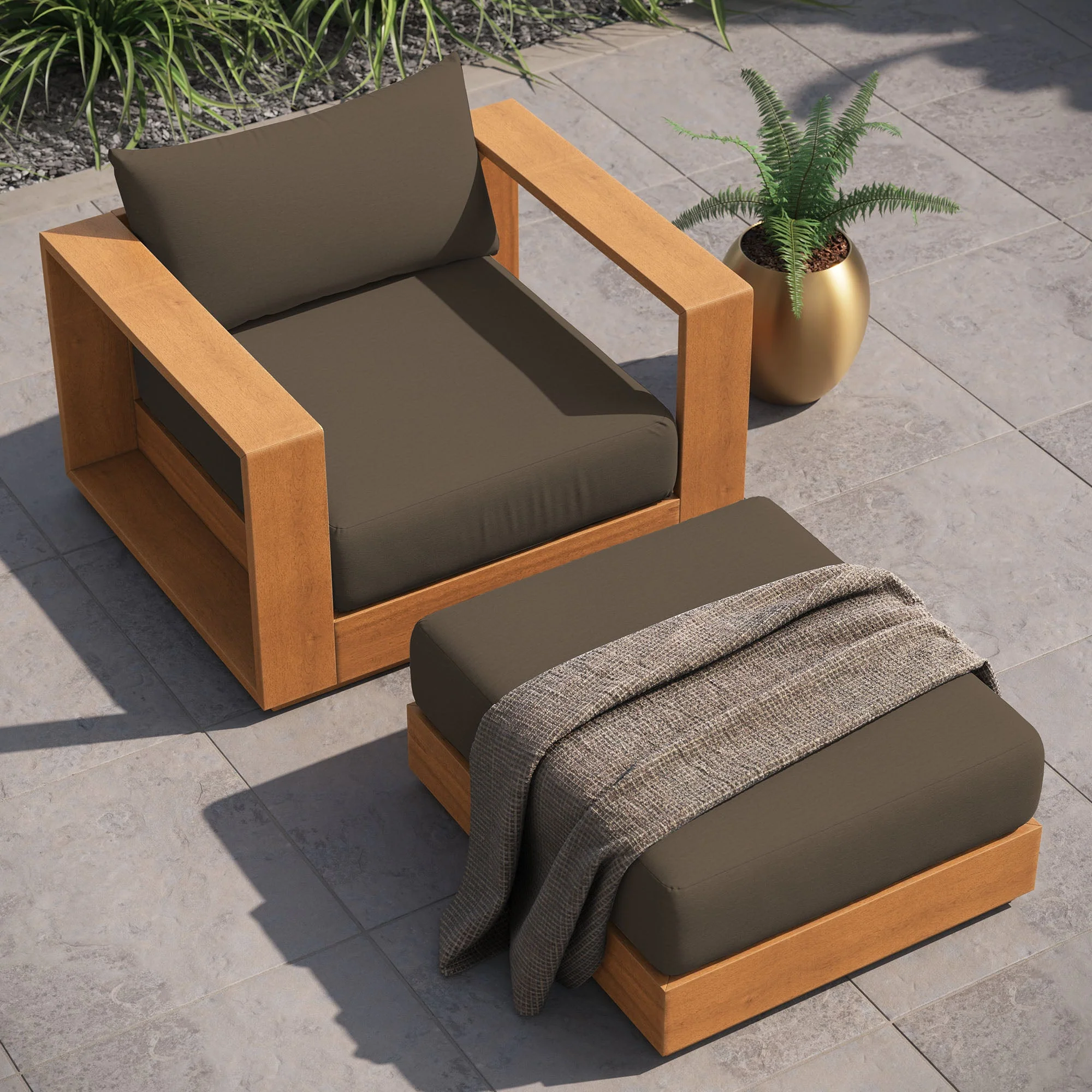 Tahoe 2-Piece Outdoor Patio Acacia Wood Armchair and Ottoman Set - Image 2