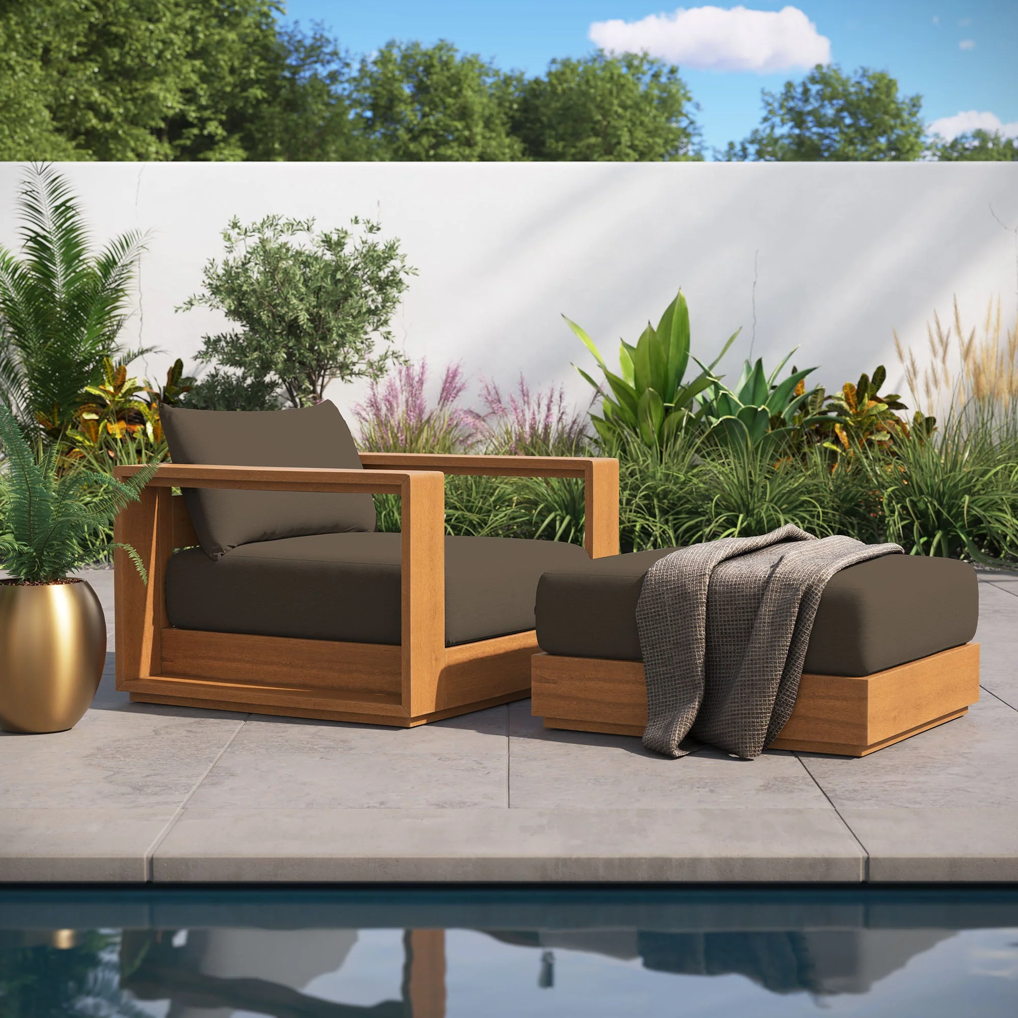 Tahoe 2-Piece Outdoor Patio Acacia Wood Armchair and Ottoman Set - Image 3