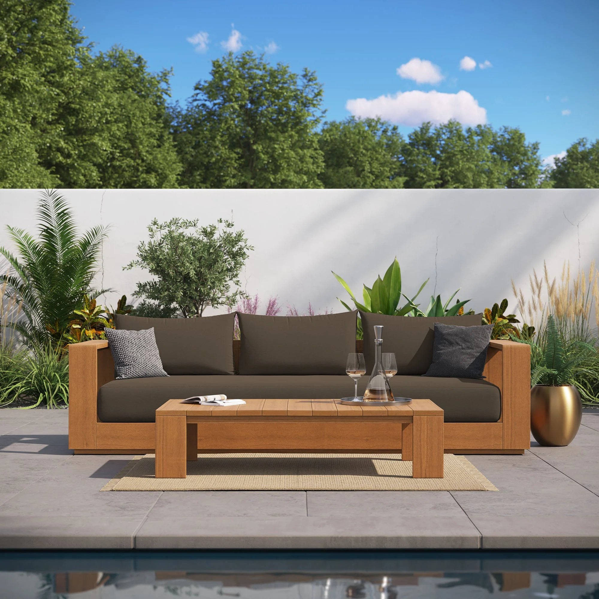 Tahoe 2-Piece Outdoor Patio Acacia Wood Sofa and Coffee Table Set - Image 2