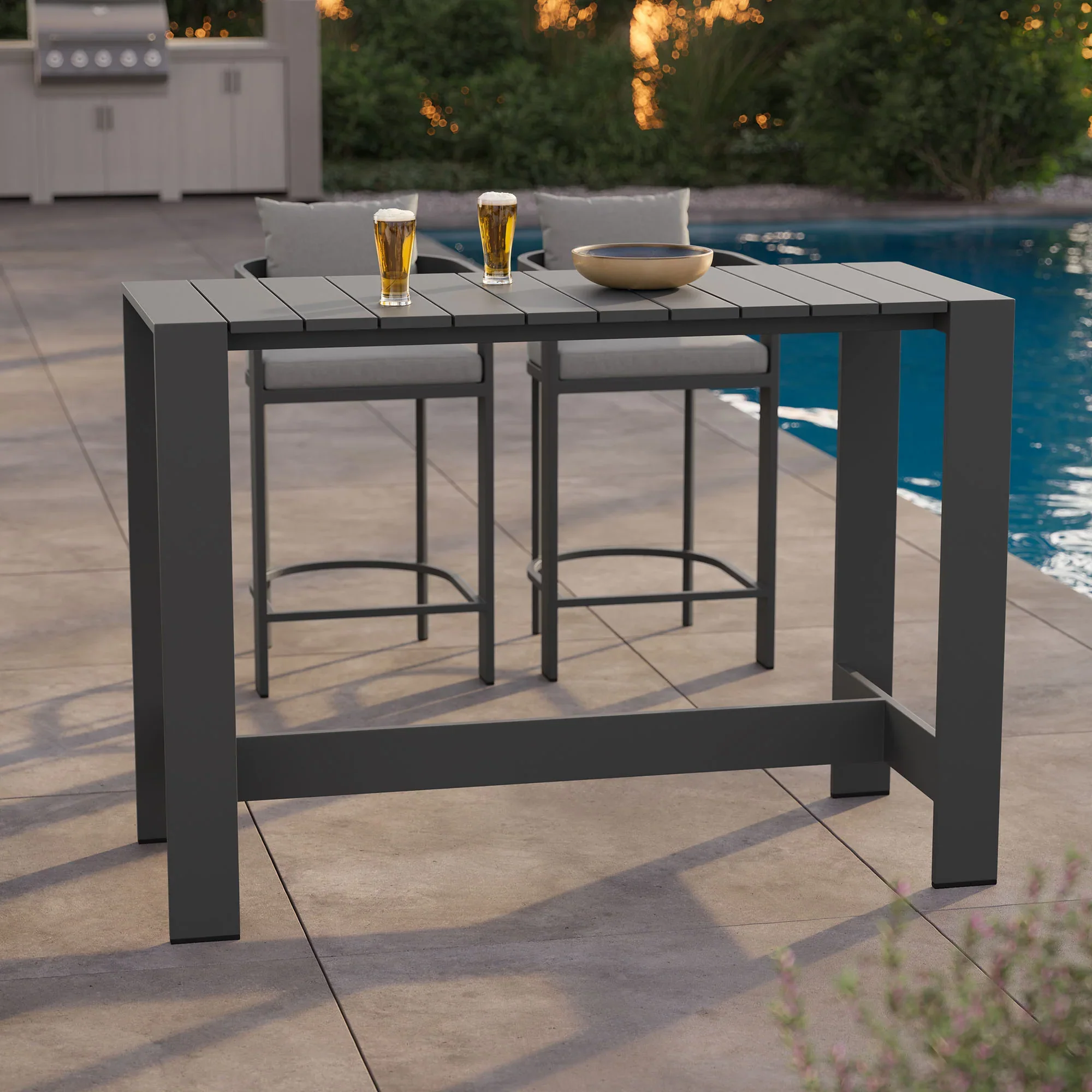 Tahoe 59 Inch Rectangle Outdoor Aluminum Bar Table in Gray - Image 2
