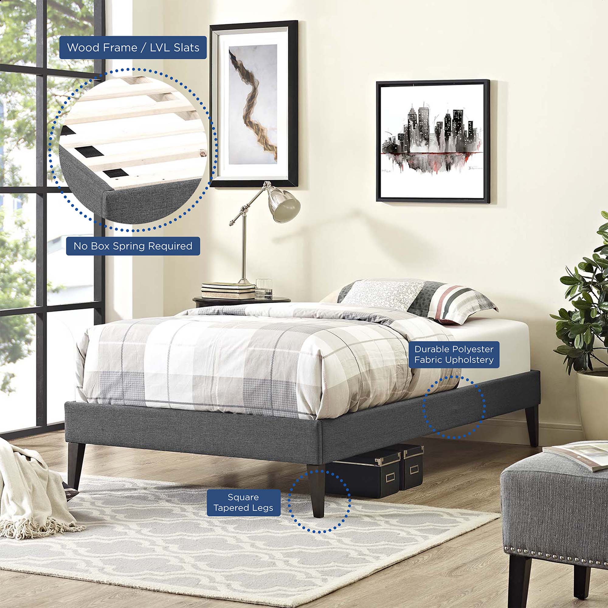 Tessie Fabric Bed Frame with Squared Tapered Legs - Image 5