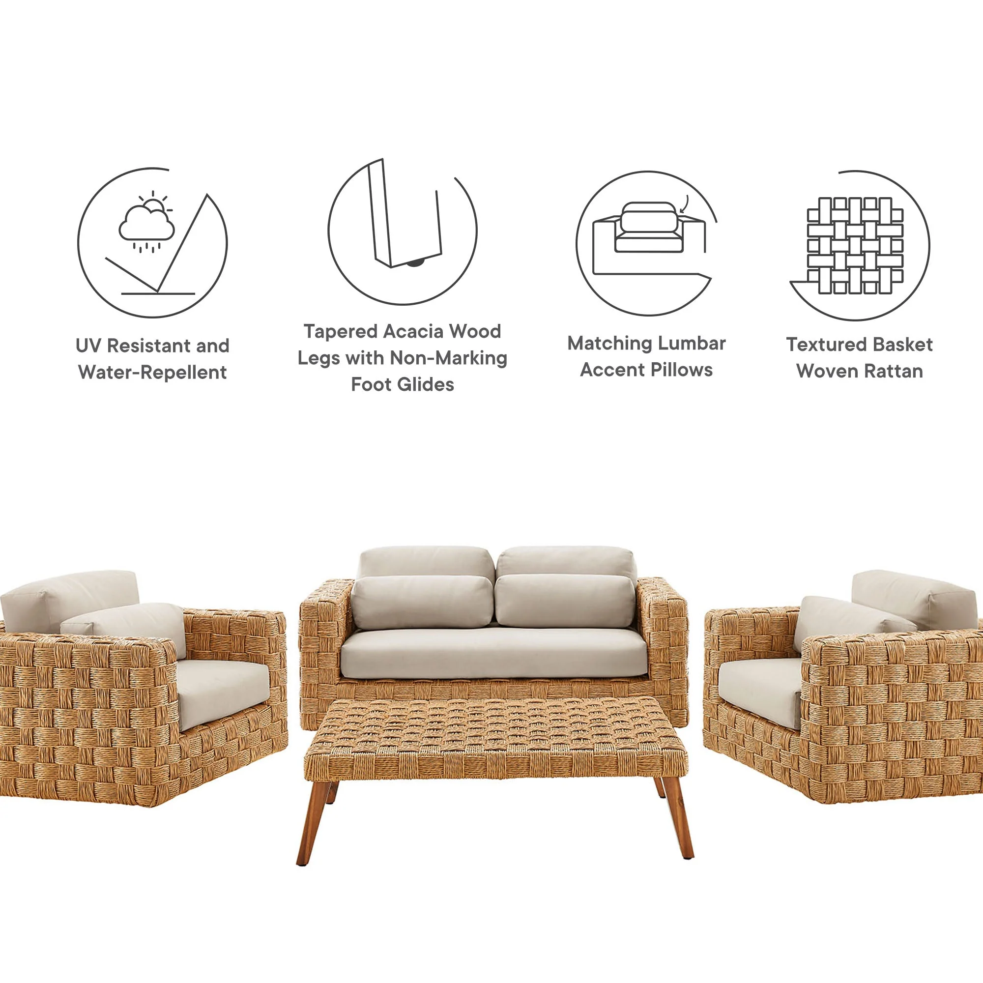 Thames 4-Piece Outdoor Patio Wicker Outdoor Patio Rattan Furniture Set in Natural Light Gray - Image 13