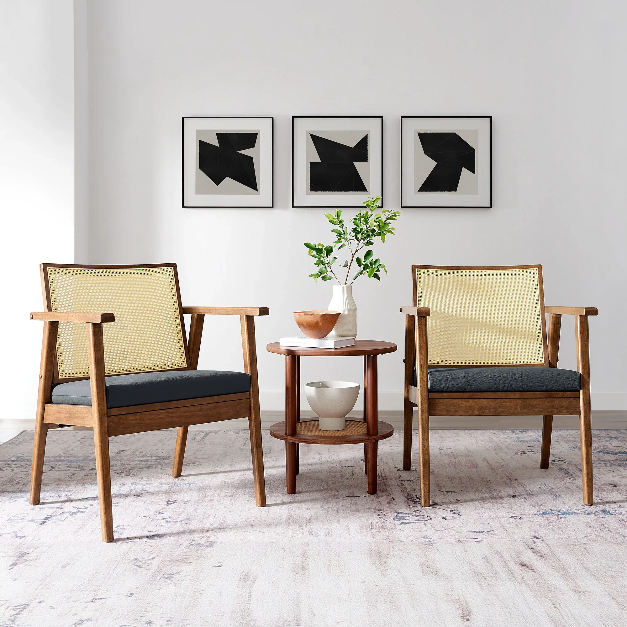 Thera Vegan Leather and Cane Accent Armchairs Set of 2 - Image 2