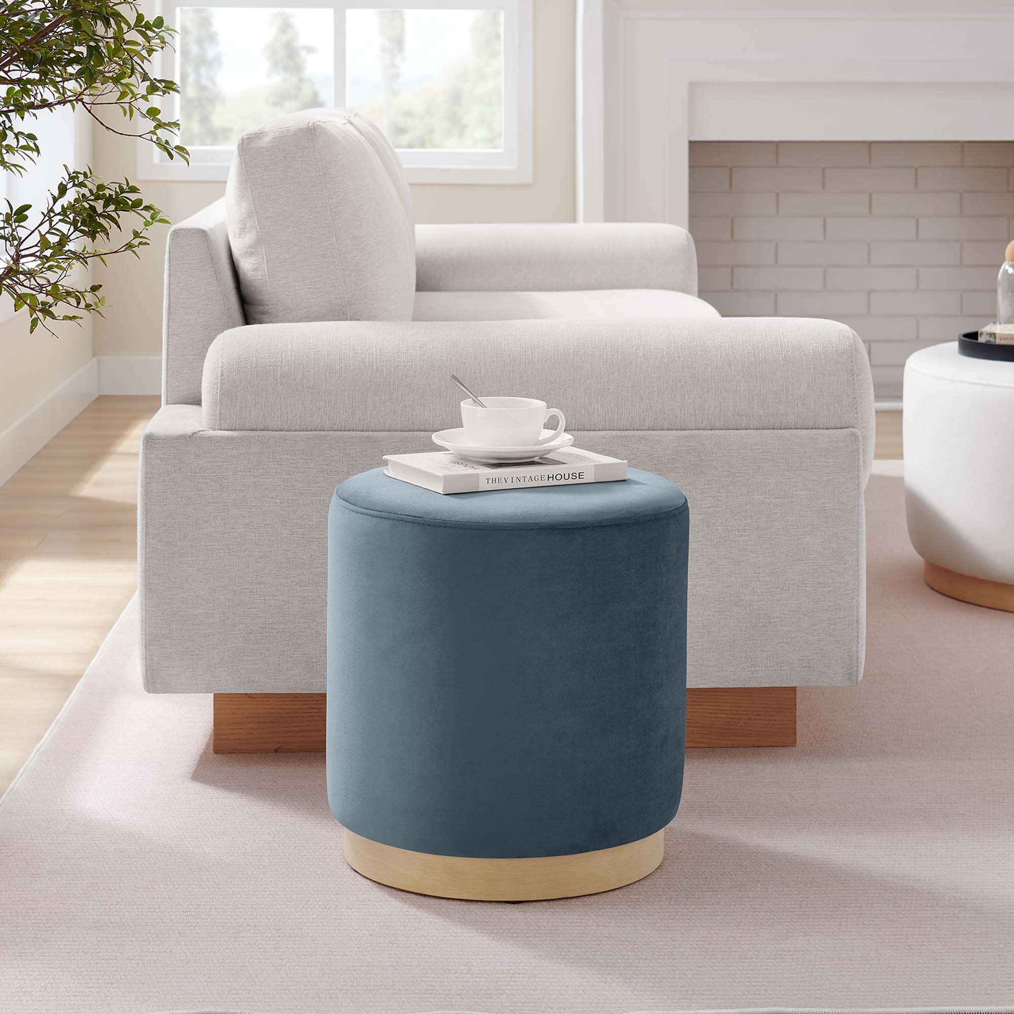 Tilden Round Performance Velvet Upholstered Ottoman - Image 10