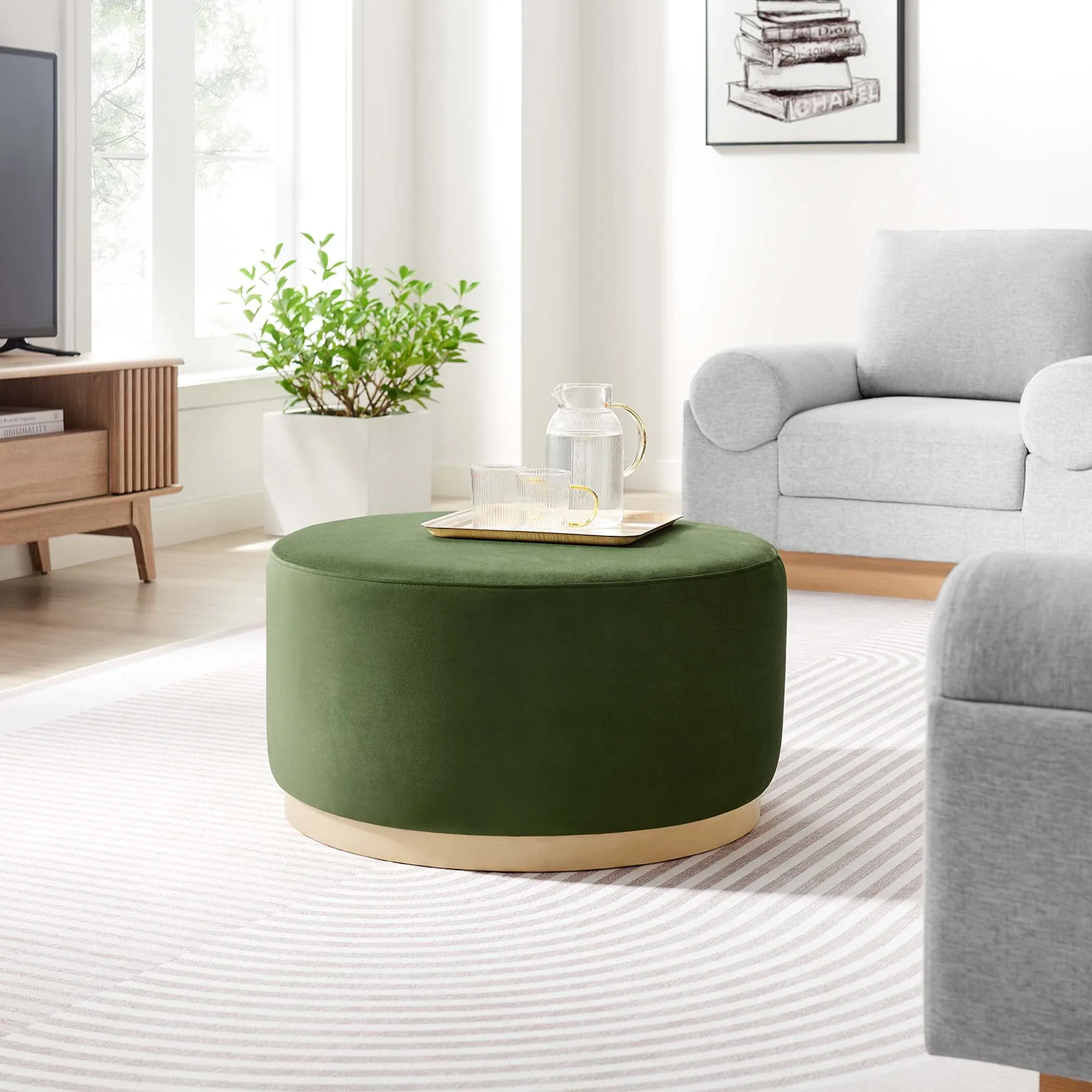 Tilden Large Round Performance Velvet Upholstered Ottoman - Image 2