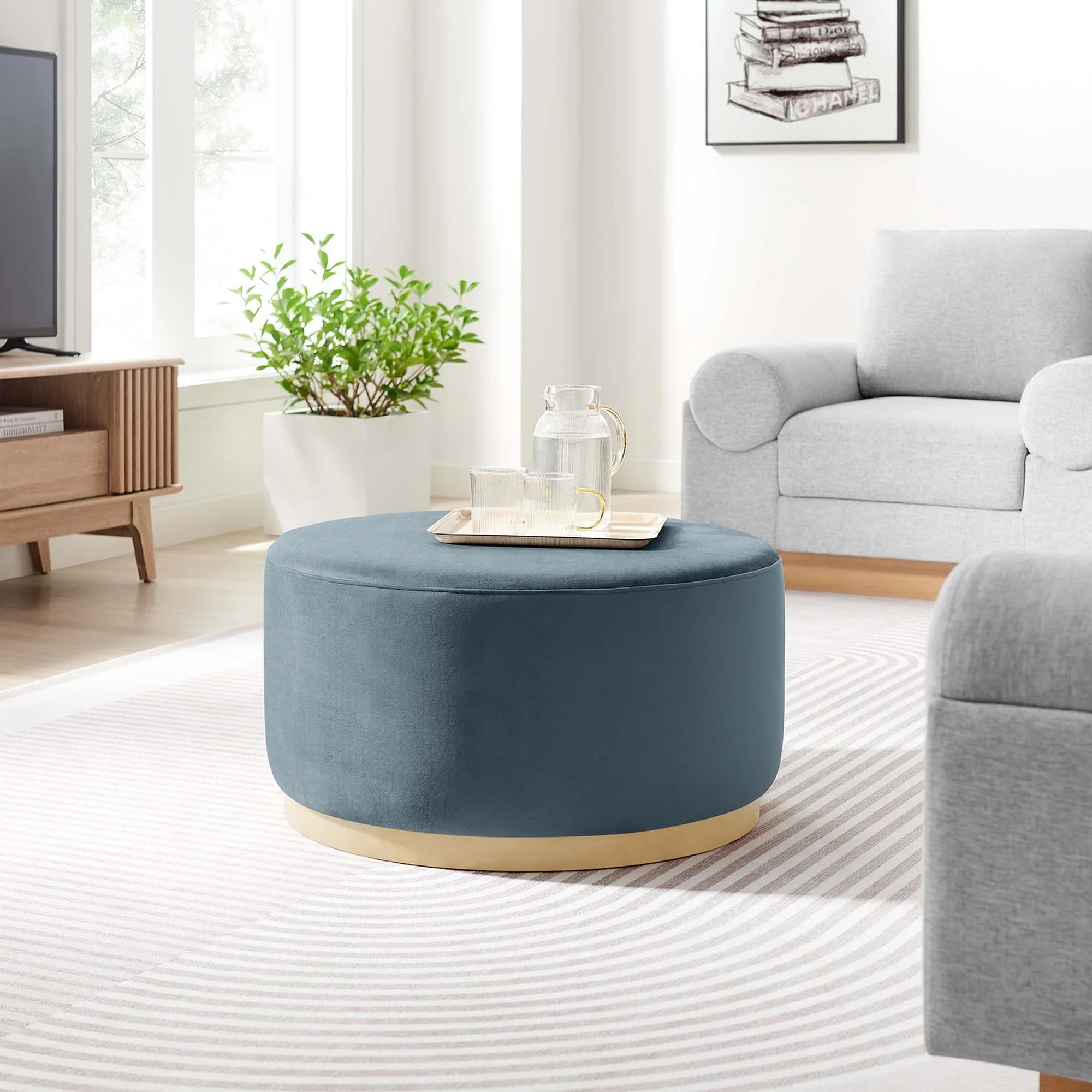 Tilden Large Round Performance Velvet Upholstered Ottoman - Image 23