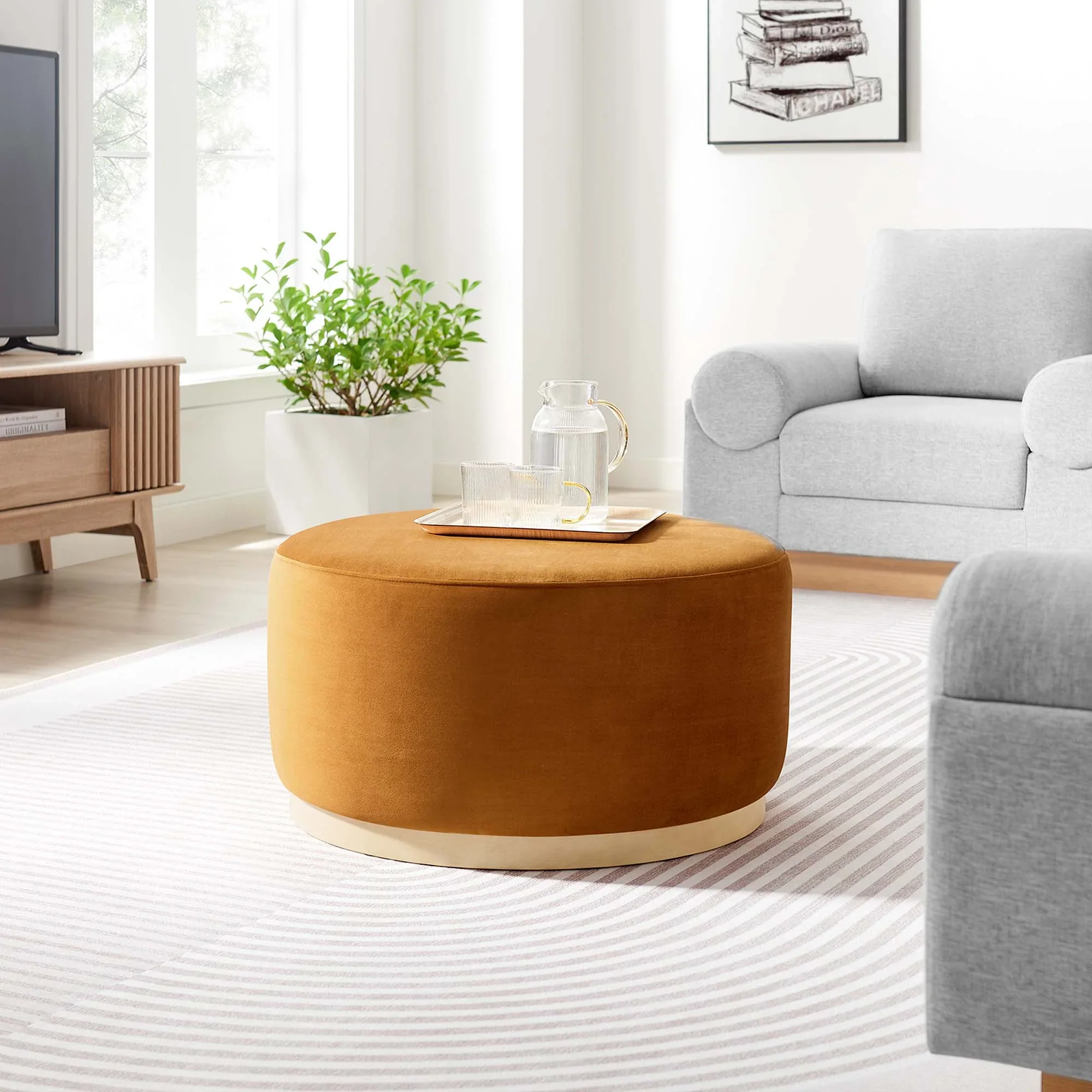 Tilden Large Round Performance Velvet Upholstered Ottoman - Image 29