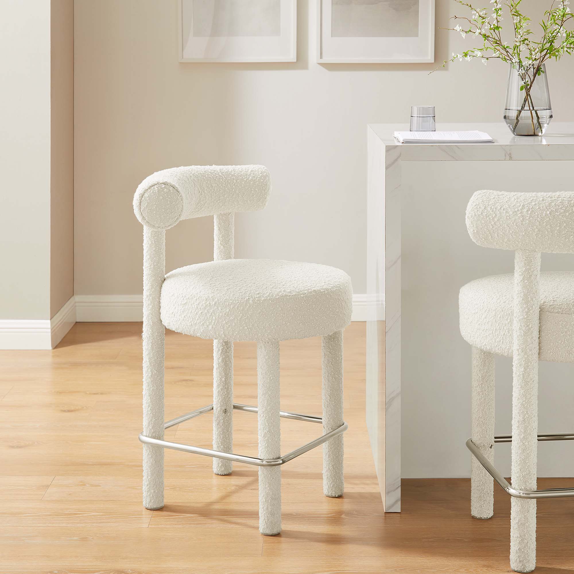 Toulouse Boucle Fabric Counter Stool Set of 2 in Ivory Silver - Image 3