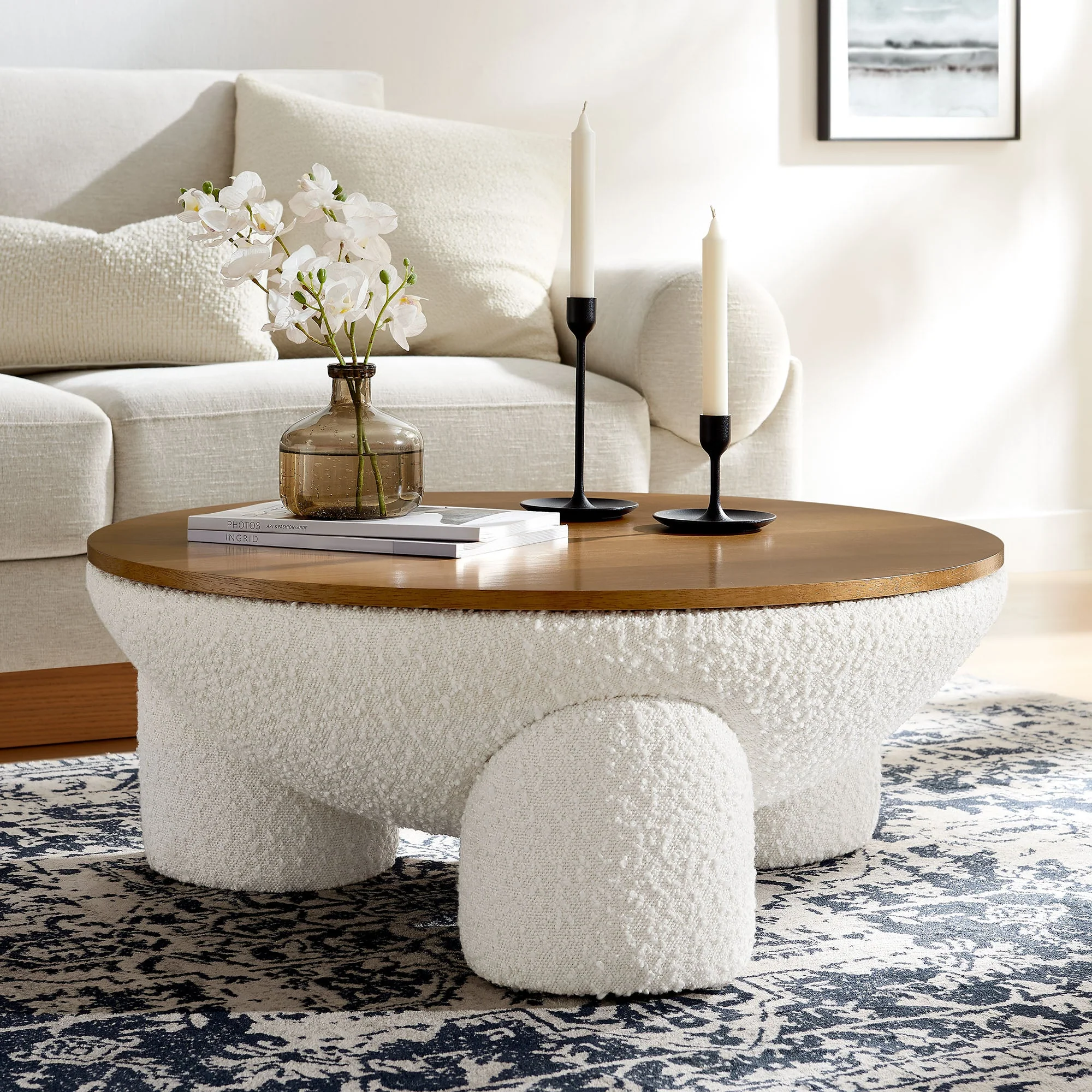 Tridome Round Boucle Upholstered Storage Coffee Table in Natural Ivory - Image 2