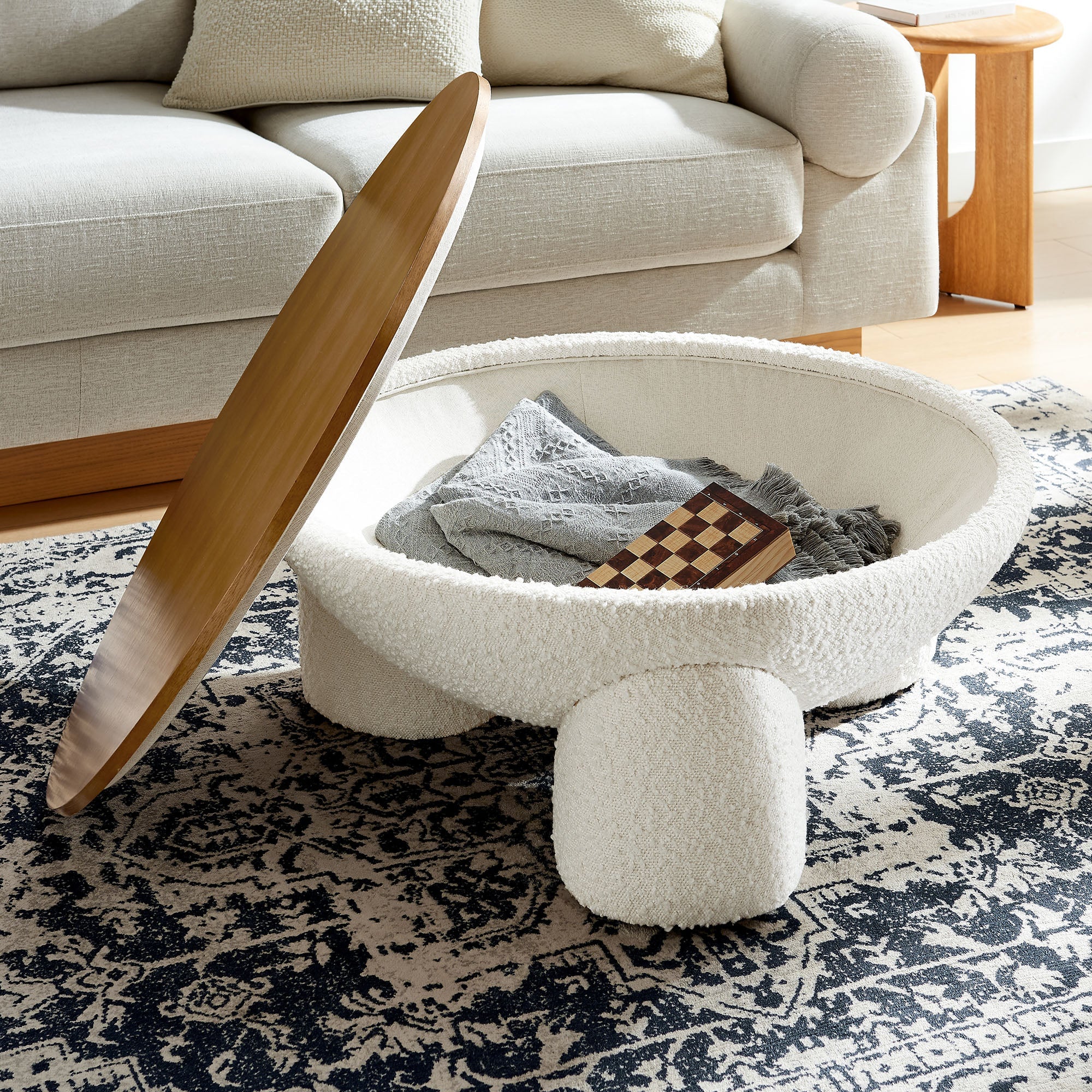 Tridome Round Boucle Upholstered Storage Coffee Table in Natural Ivory - Image 3