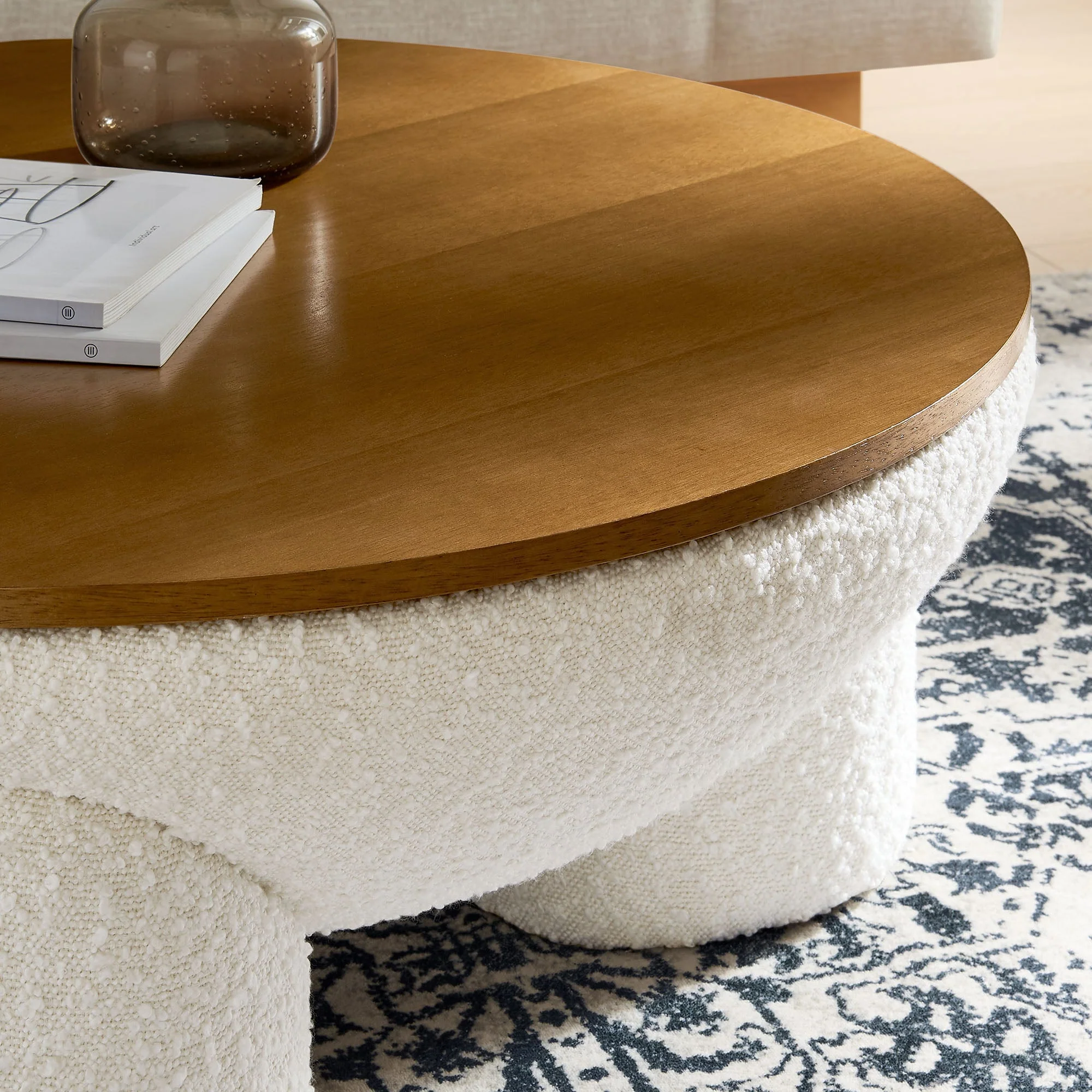 Tridome Round Boucle Upholstered Storage Coffee Table in Natural Ivory - Image 4