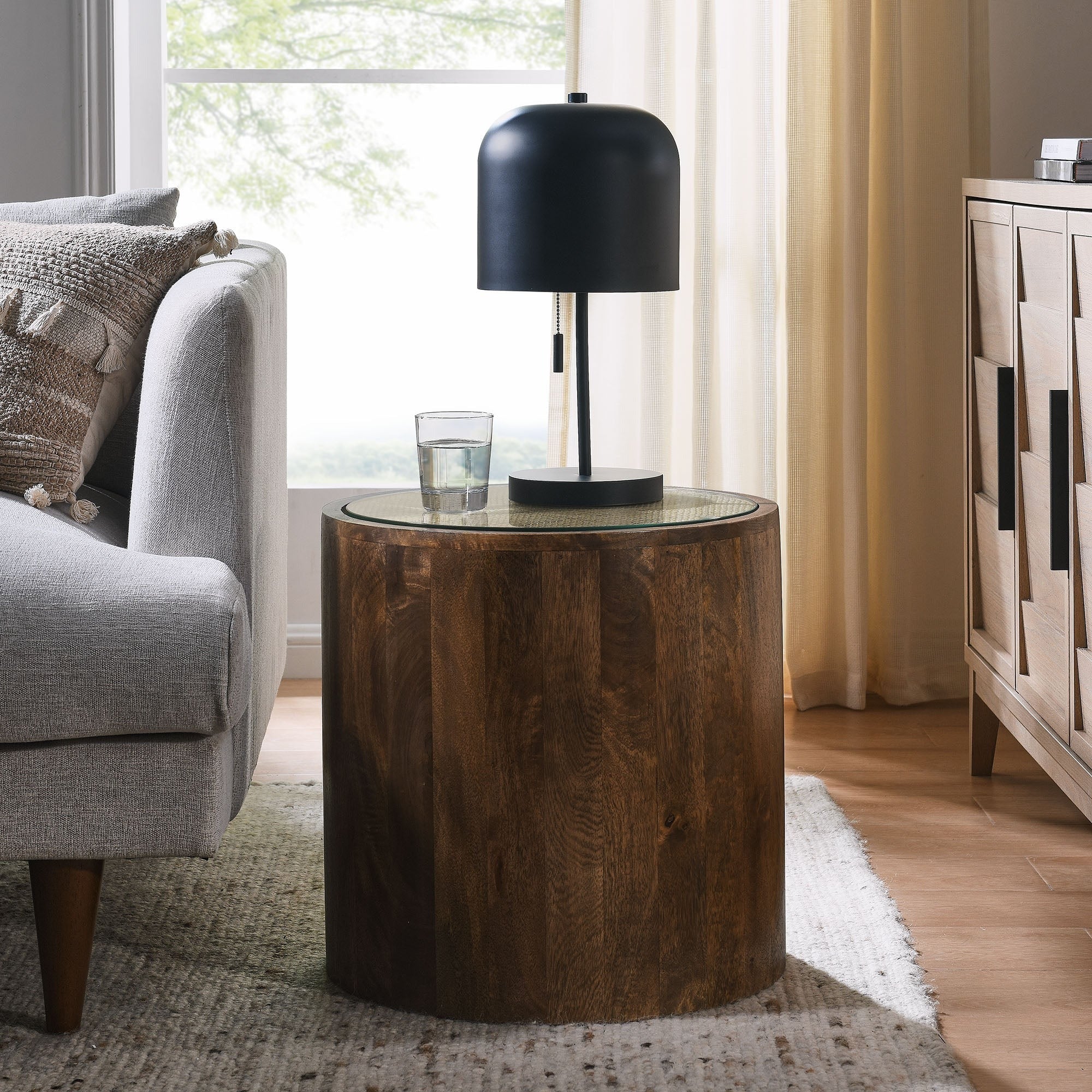 Truett Round Wood Rattan Side Table in Walnut - Image 2