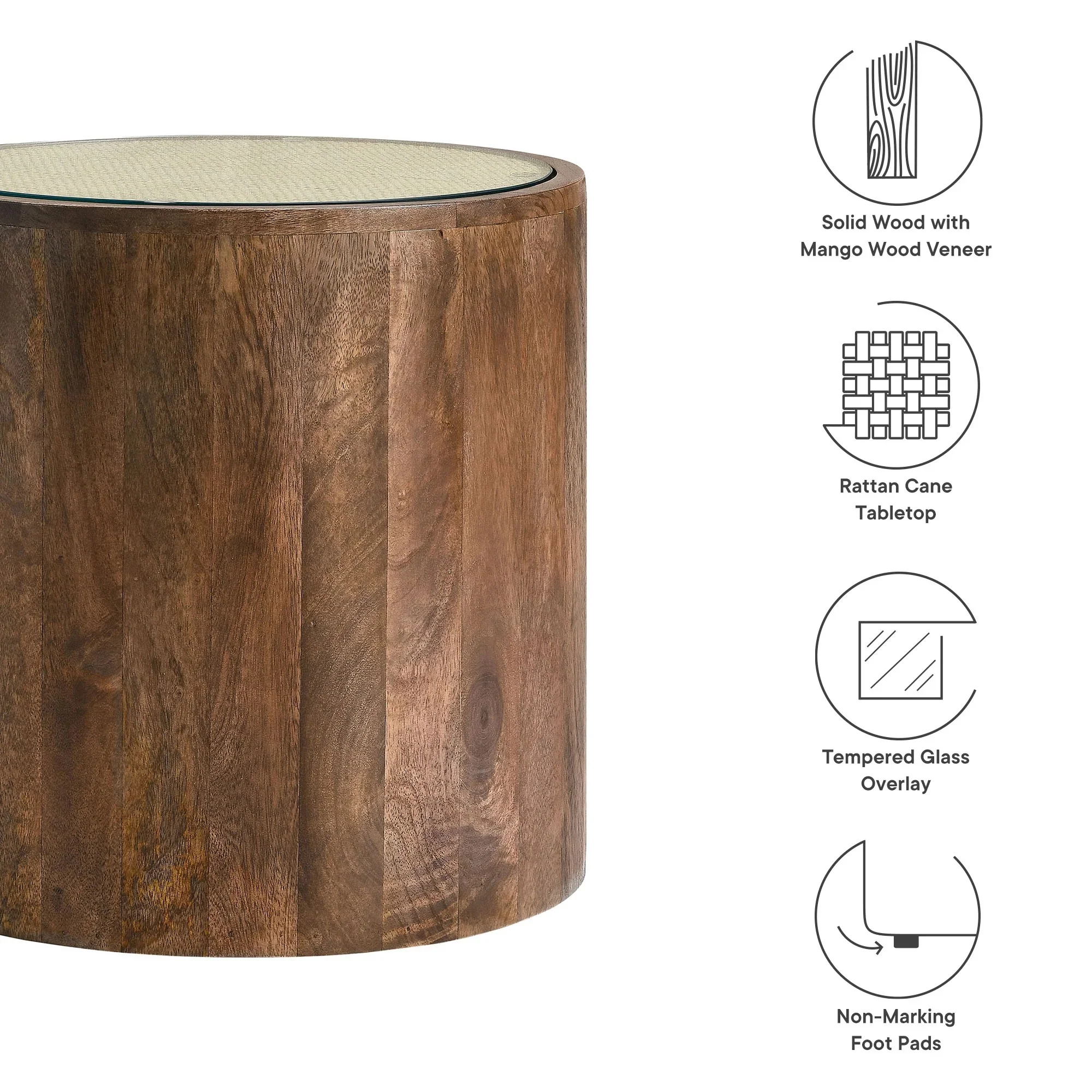Truett Round Wood Rattan Side Table in Walnut - Image 6