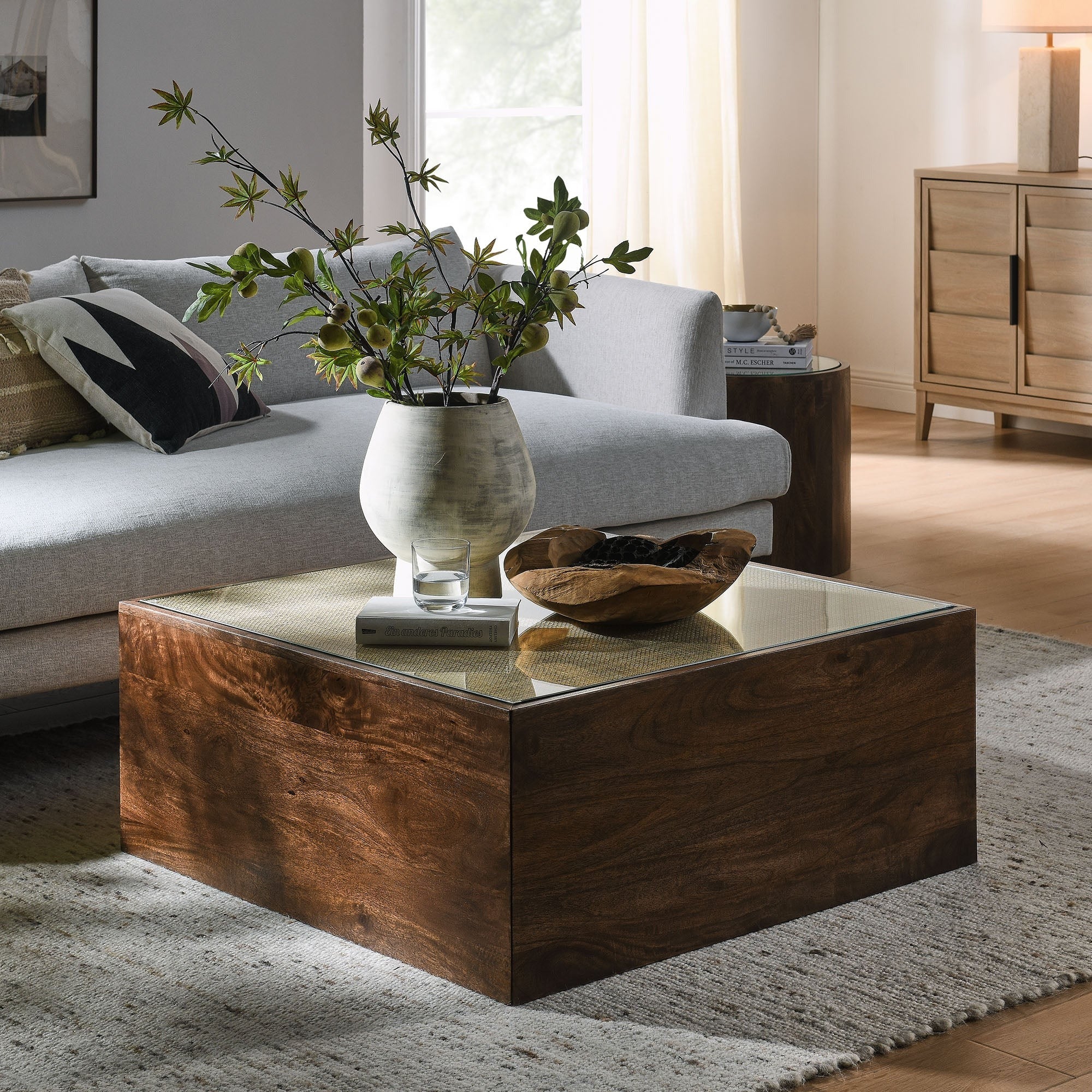 Truett Square Wood Rattan Coffee Table in Walnut - Image 2