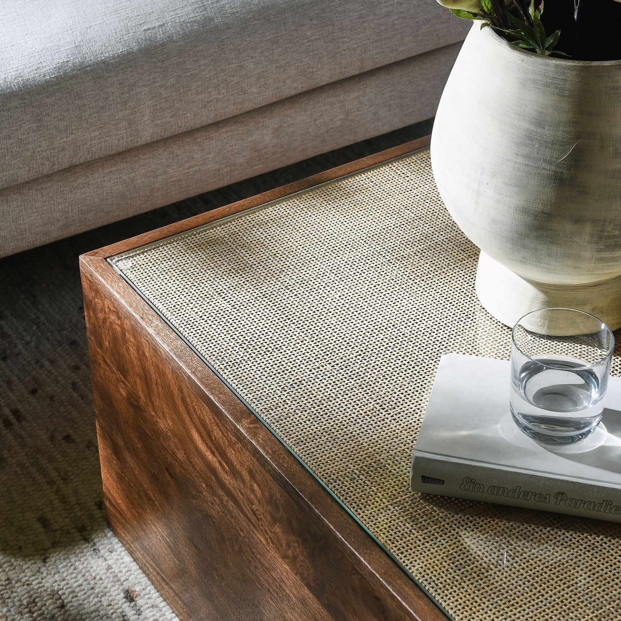 Truett Square Wood Rattan Coffee Table in Walnut - Image 3