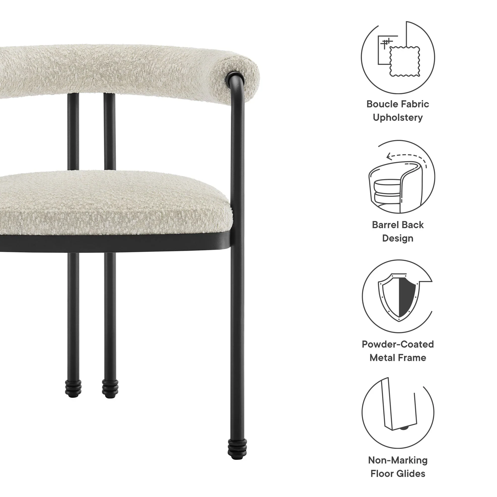 Turin Curved Back Boucle and Metal Dining Accent Chair - Image 8