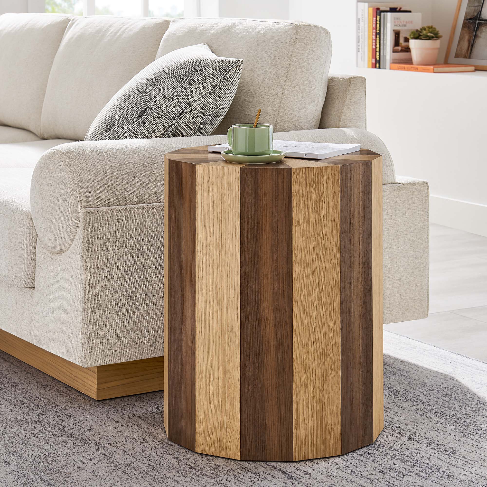 Twirl Two-Toned Wood Veneer Side Table in Oak Walnut - Image 2