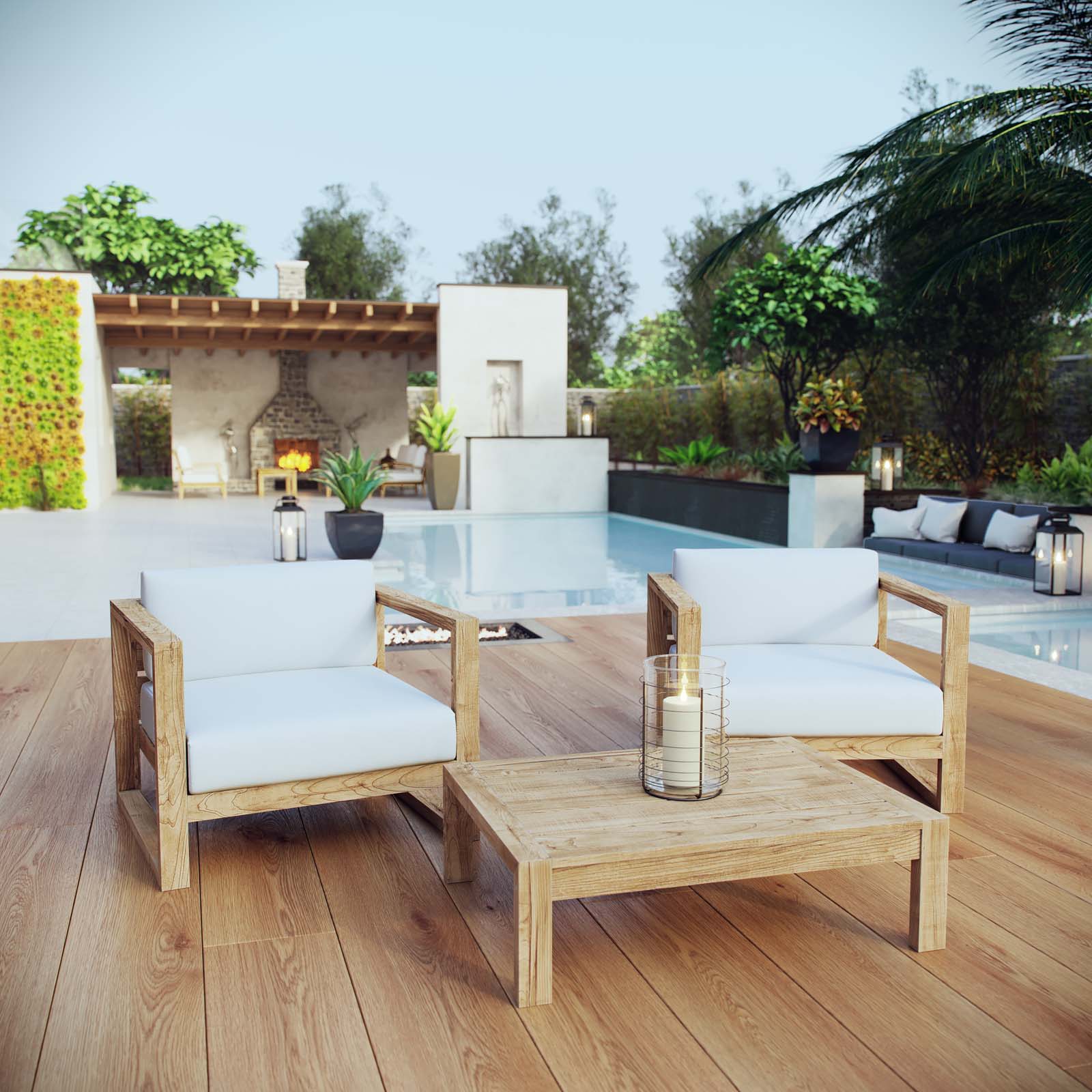 Upland 3 Piece Outdoor Patio Teak Set in Natural White - Image 2