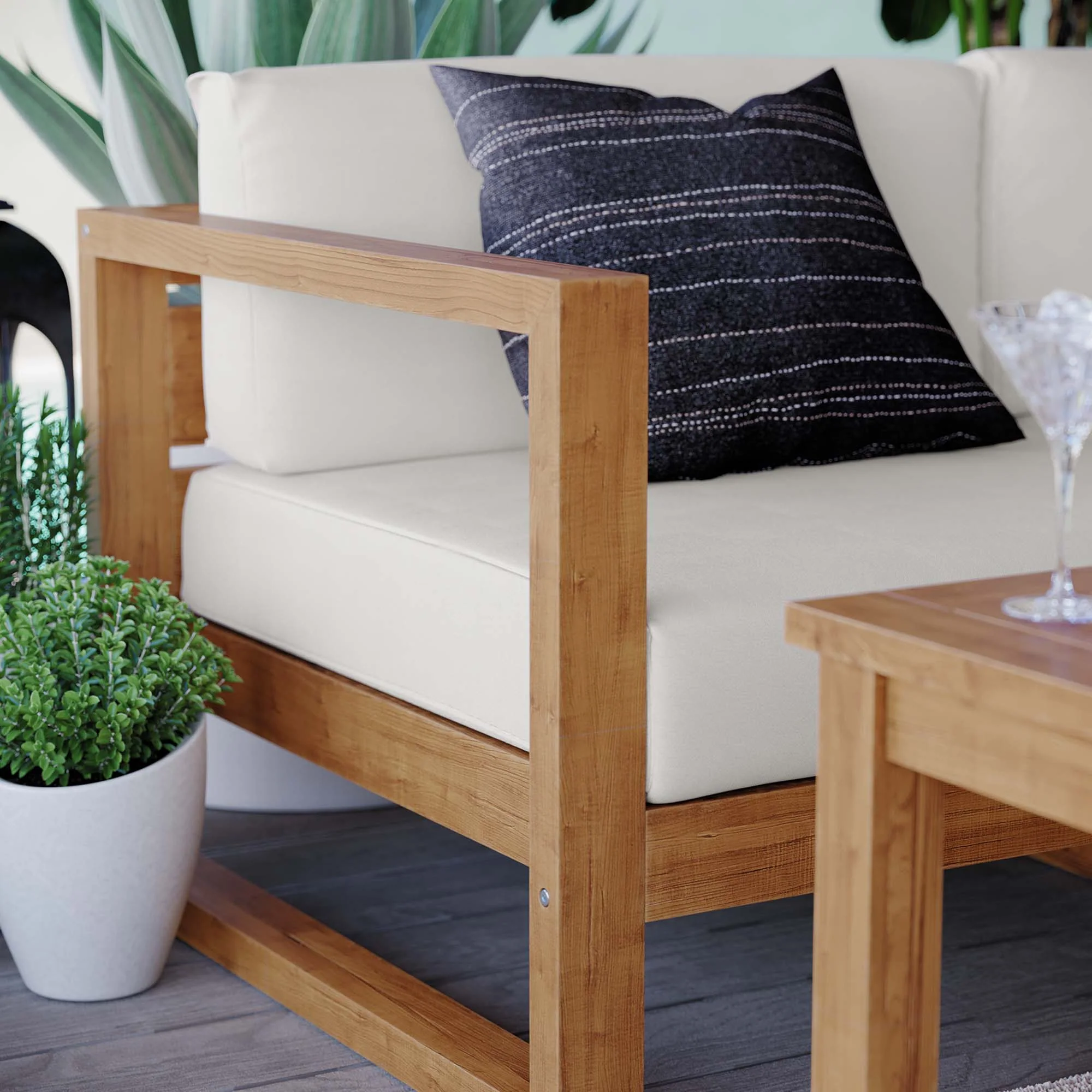 Upland 5-Piece Outdoor Patio Teak Wood Sectional Sofa Set in Natural White - Image 4
