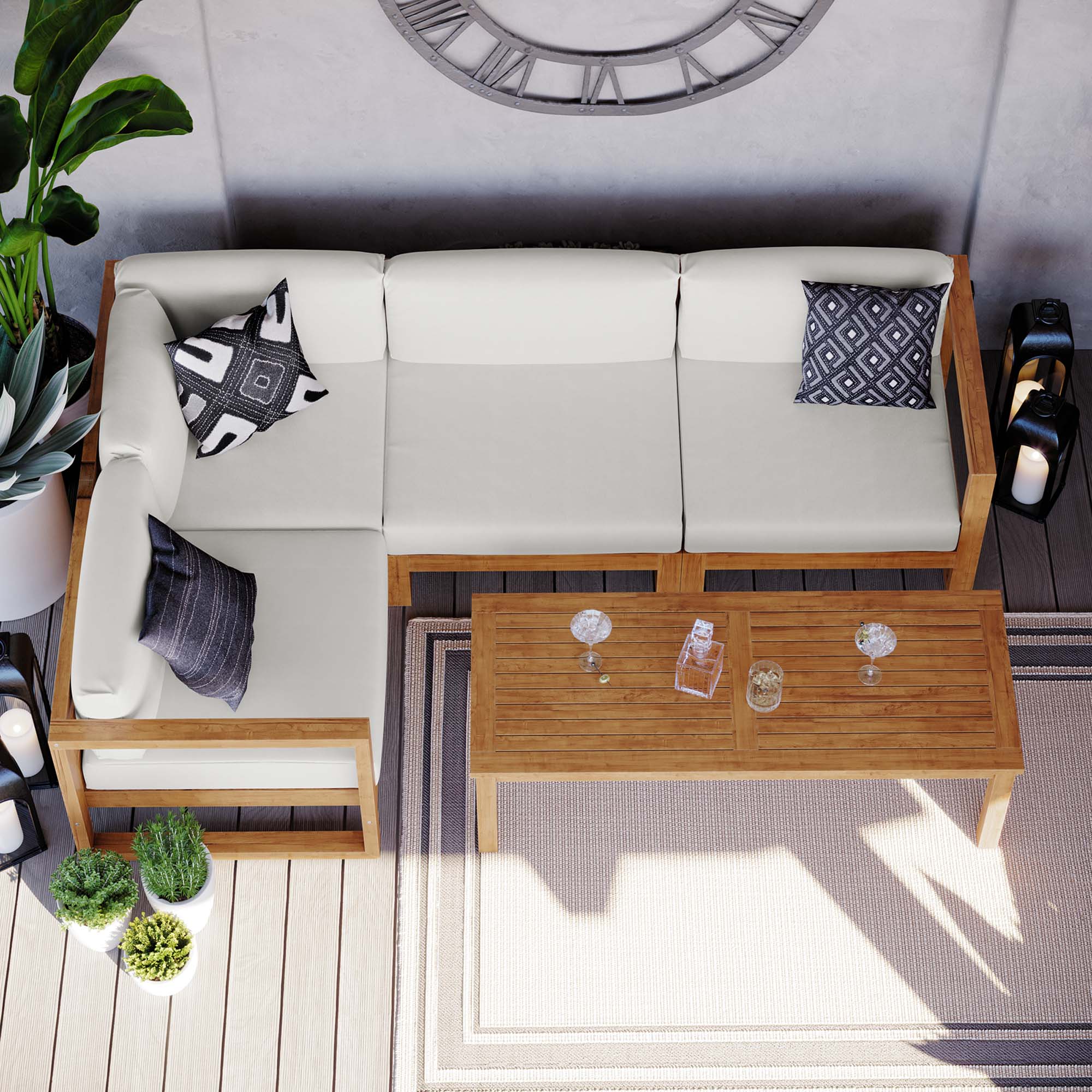 Upland 5-Piece Outdoor Patio Teak Wood Sectional Sofa Set in Natural White - Image 5
