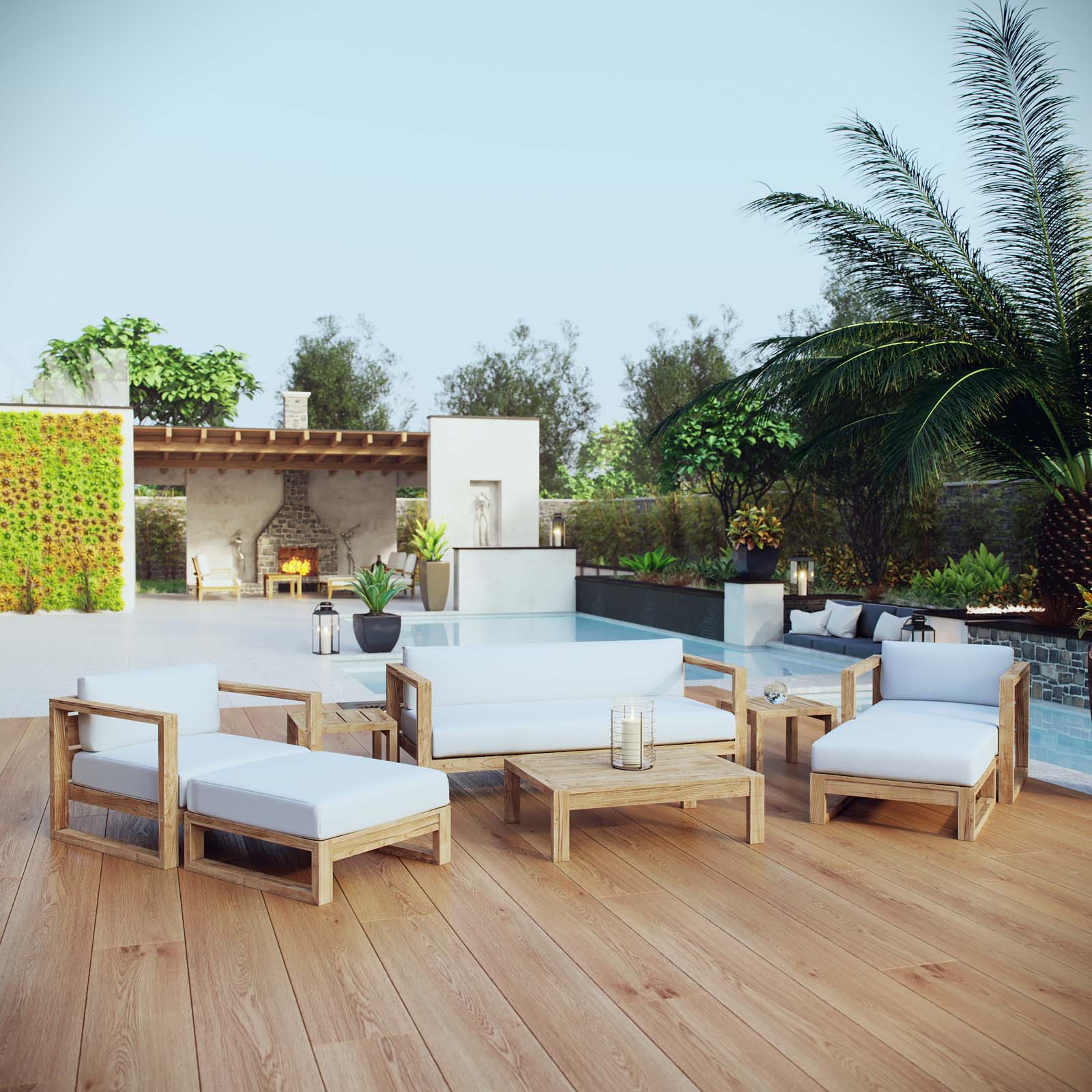 Upland 8 Piece Outdoor Patio Teak Set in Natural White - Image 2