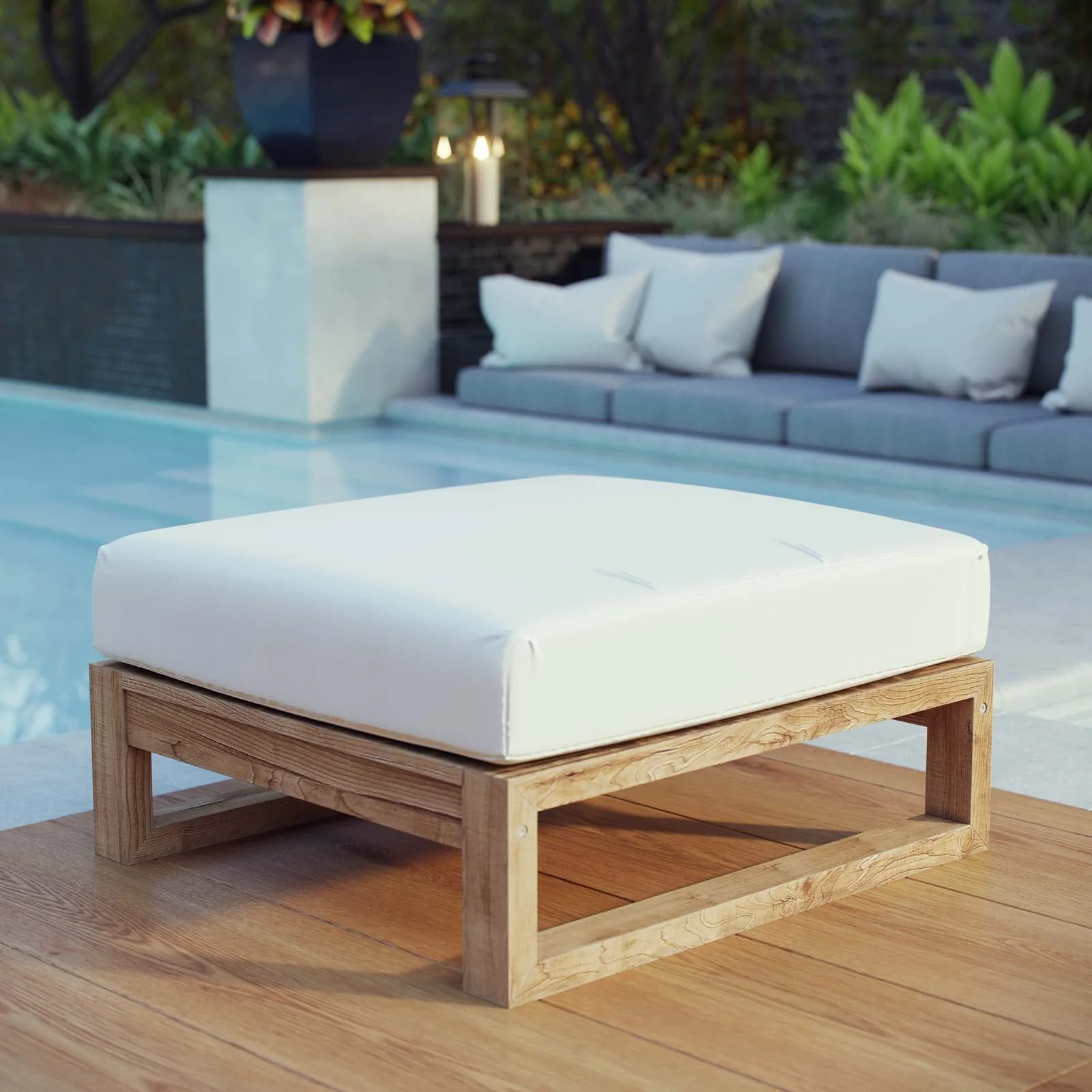 Upland Outdoor Patio Teak Ottoman in Natural White - Image 2