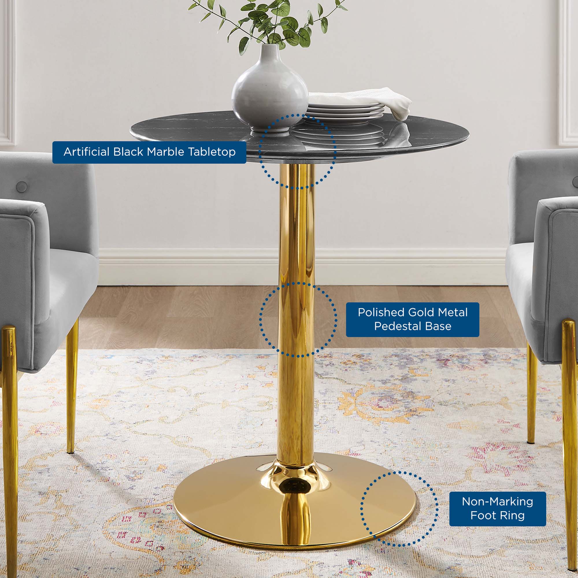 Verne 28" Artificial Marble Dining Table in Gold Black - Image 6