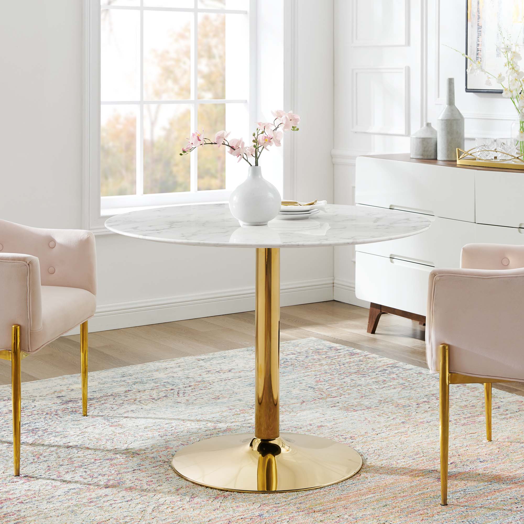 Verne 40" Artificial Marble Dining Table in Gold White - Image 2