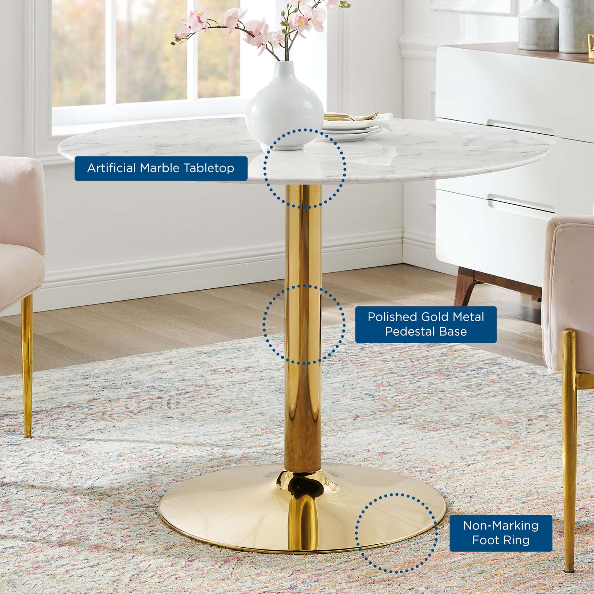 Verne 40" Artificial Marble Dining Table in Gold White - Image 6