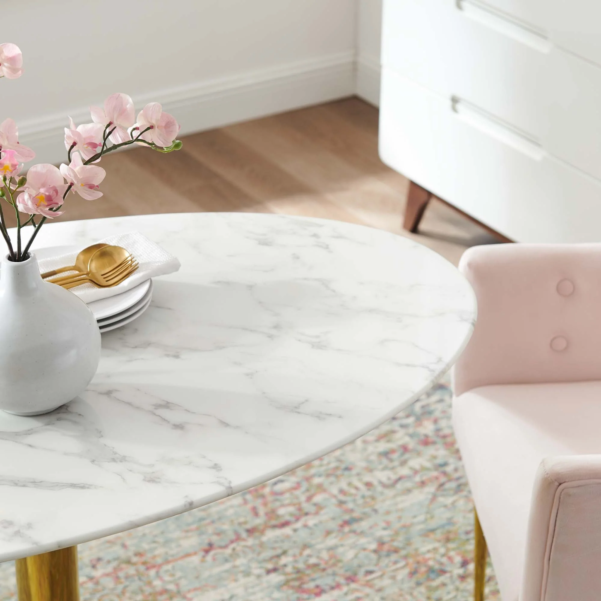 Verne 48" Oval Artificial Marble Dining Table in Gold White - Image 3