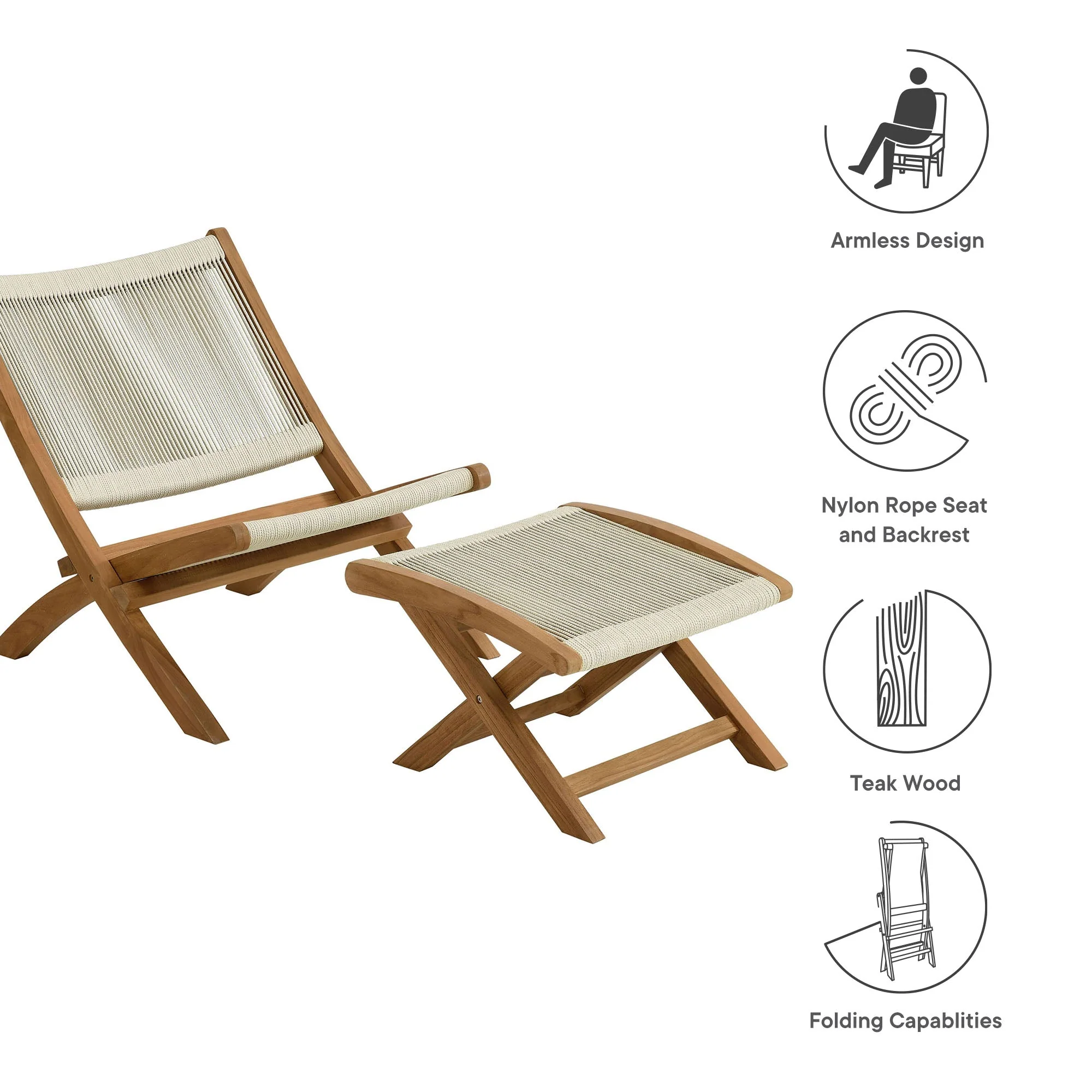 Vienna 2-Piece Outdoor Patio Teak and Rope Folding Accent Lounge Chair and Ottoman Set - Image 11