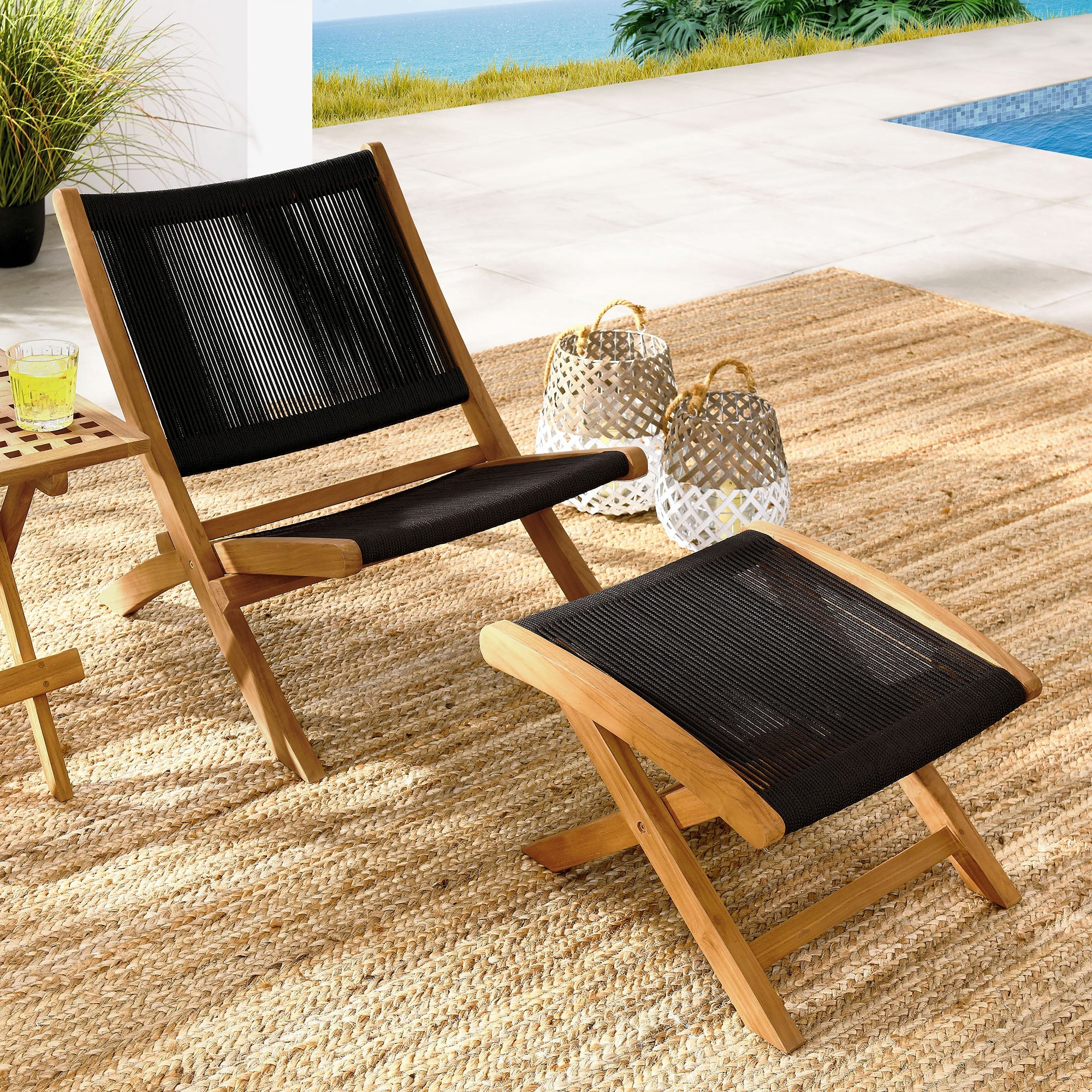 Vienna 2-Piece Outdoor Patio Teak and Rope Folding Accent Lounge Chair and Ottoman Set - Image 15