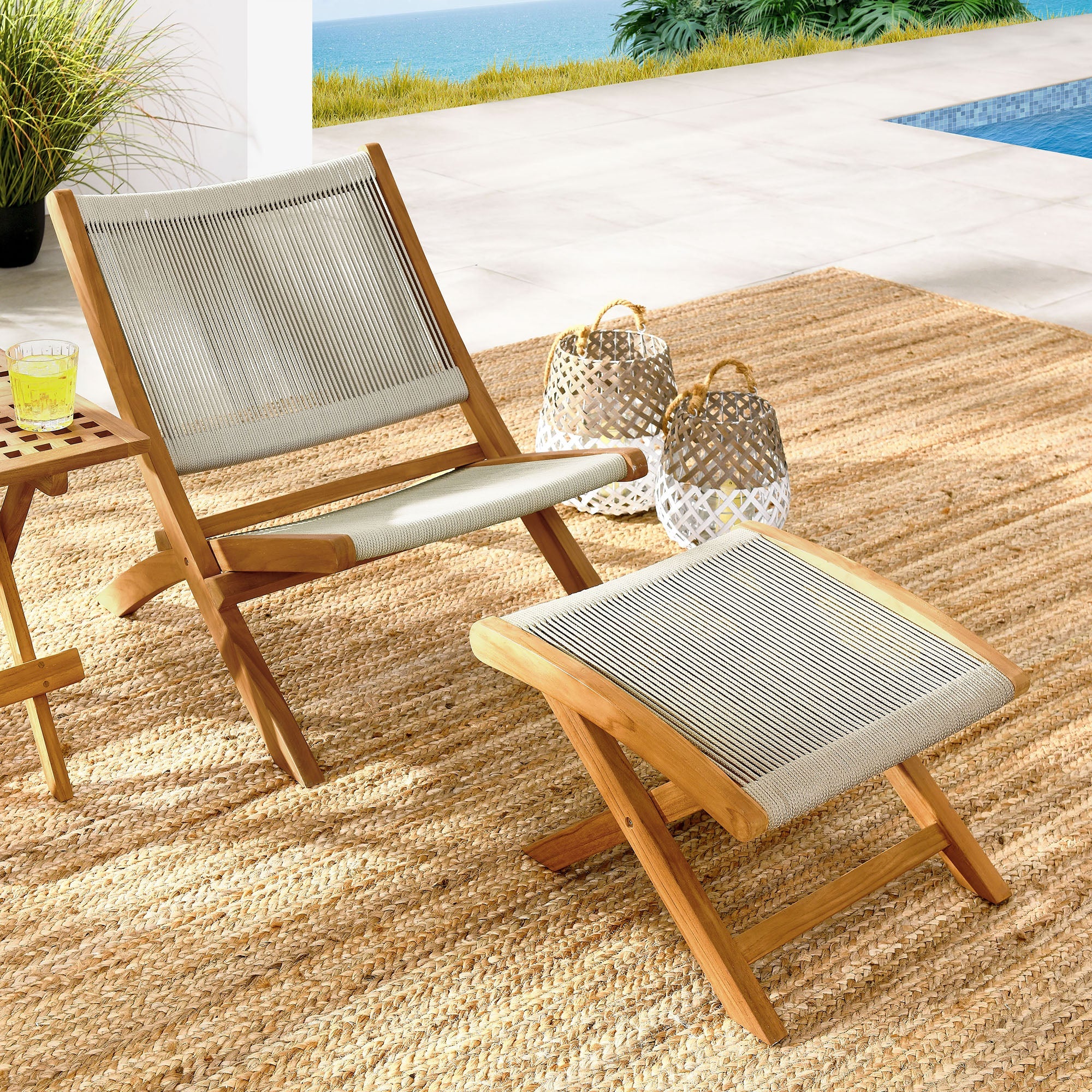 Vienna 2-Piece Outdoor Patio Teak and Rope Folding Accent Lounge Chair and Ottoman Set - Image 2