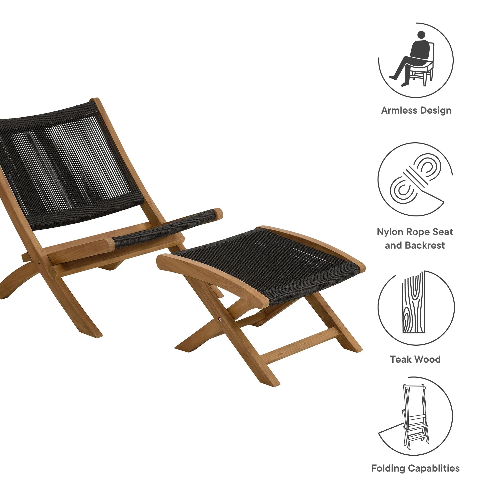 Vienna 2-Piece Outdoor Patio Teak and Rope Folding Accent Lounge Chair and Ottoman Set - Image 24