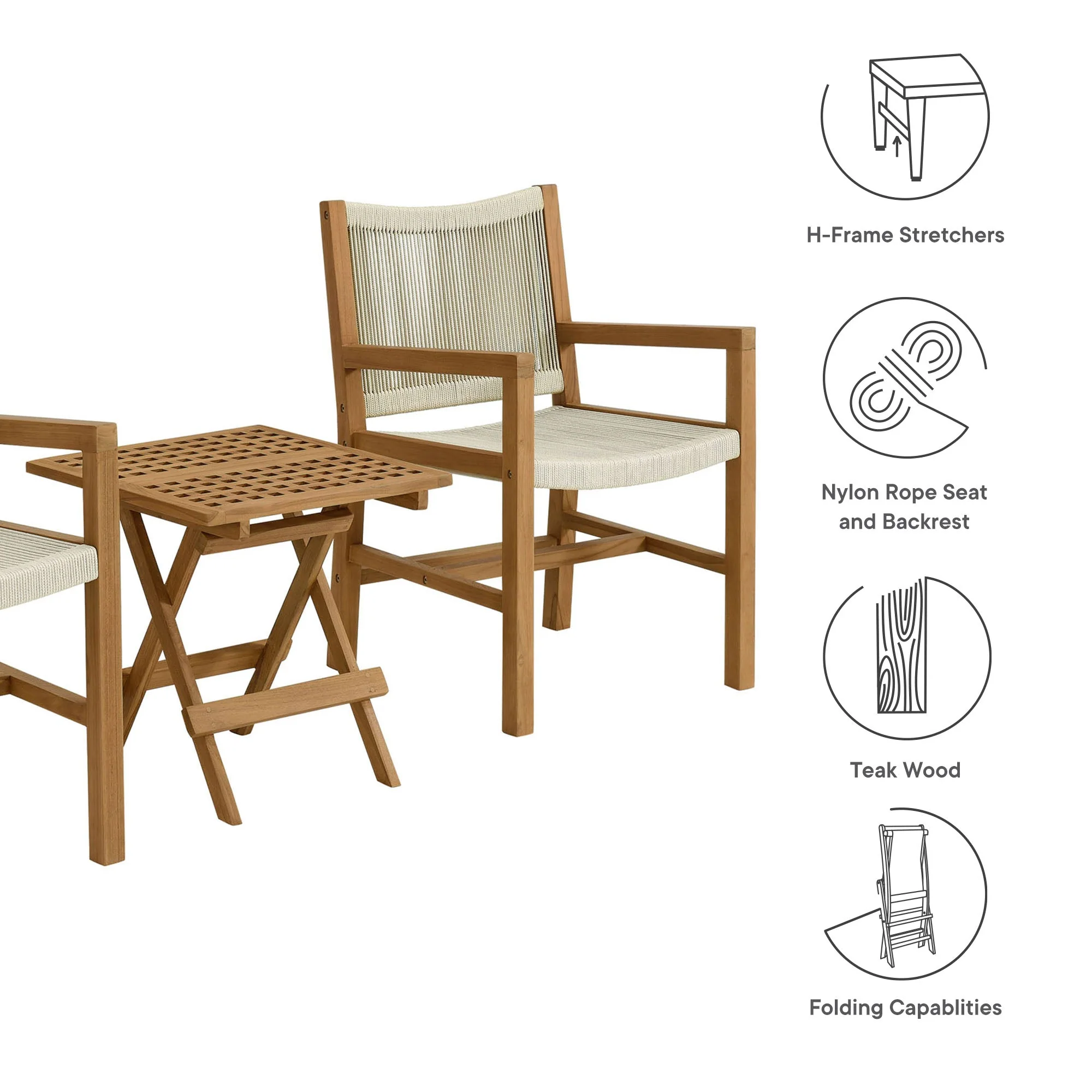 Vienna 3-Piece Outdoor Patio Teak and Rope Armchairs with Folding Side Table - Image 11