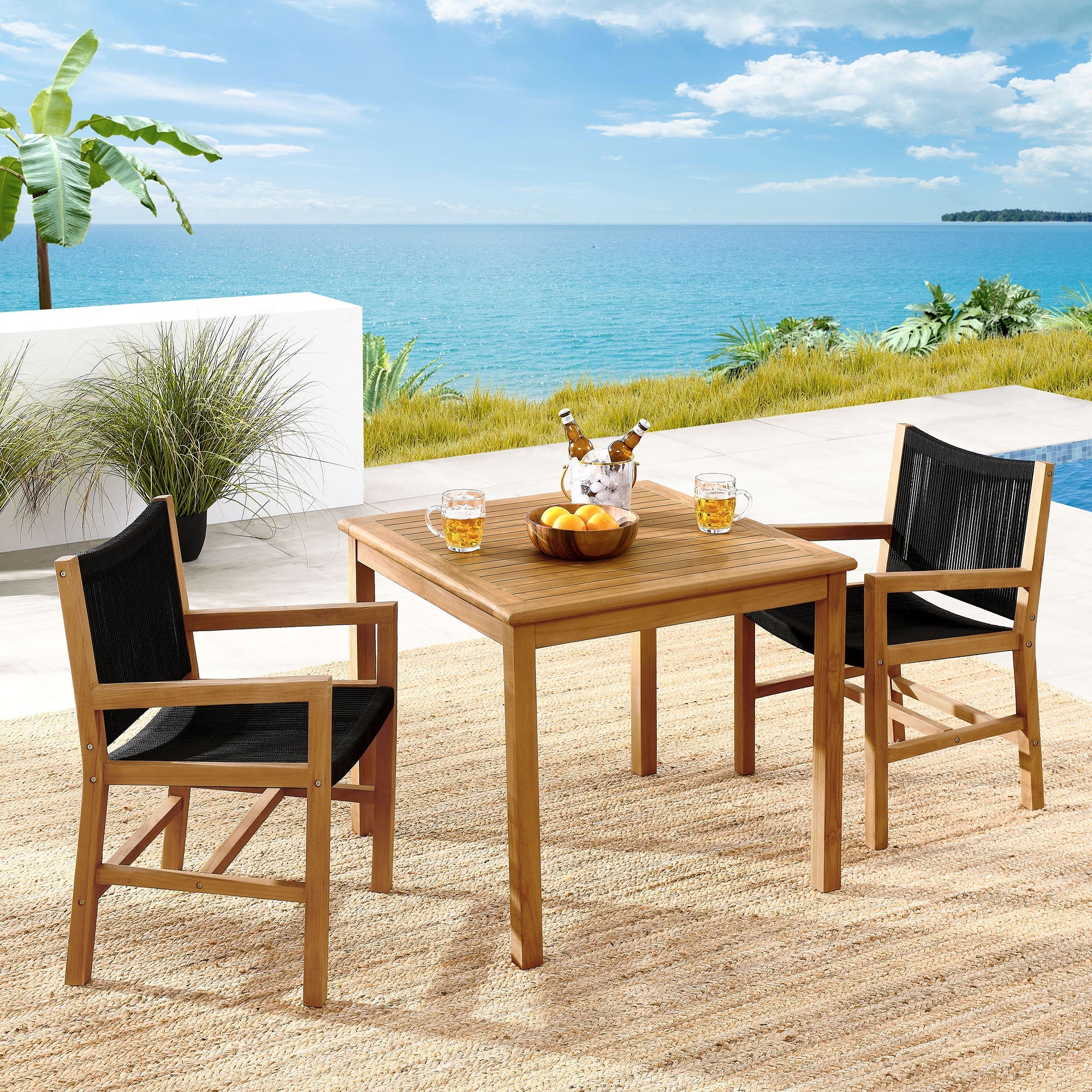 Vienna 3-Piece Outdoor Patio Teak and Rope Dining Set with Armchairs - Image 14