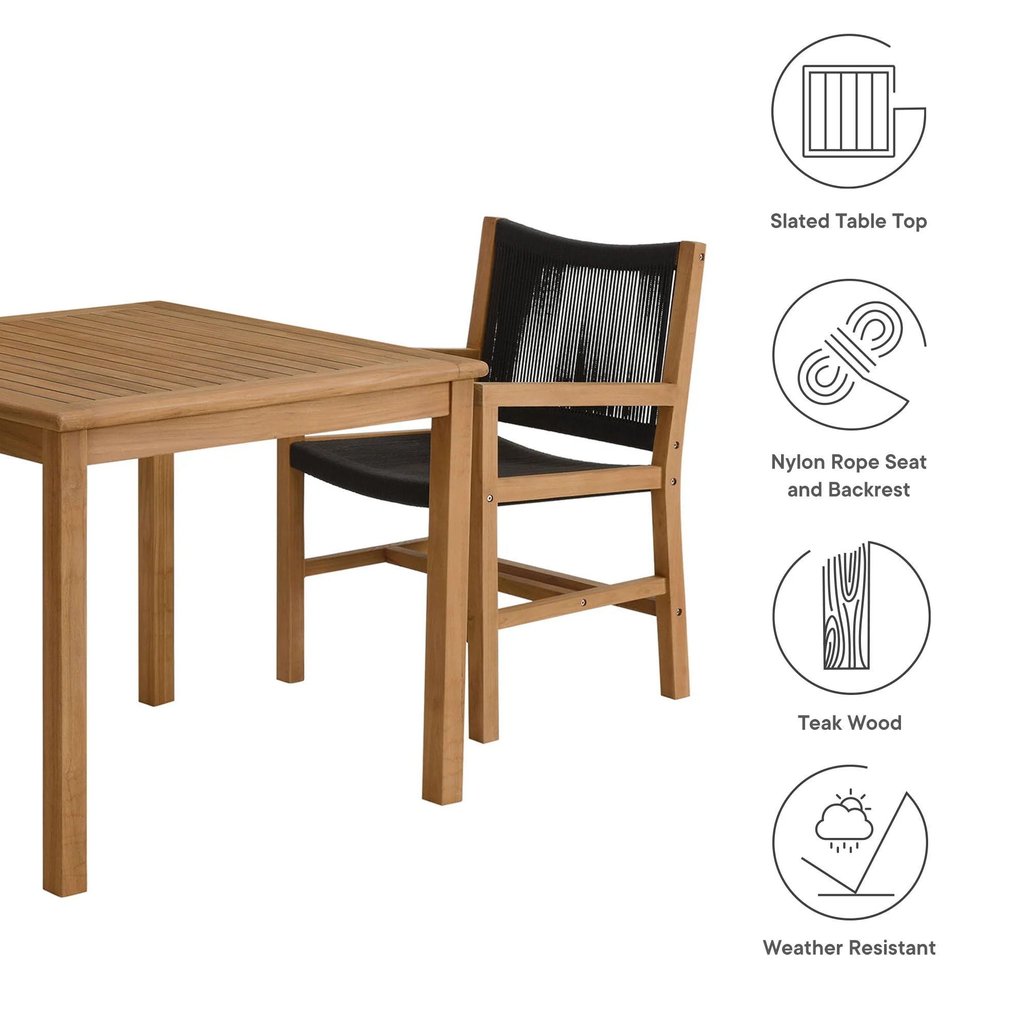 Vienna 3-Piece Outdoor Patio Teak and Rope Dining Set with Armchairs - Image 16