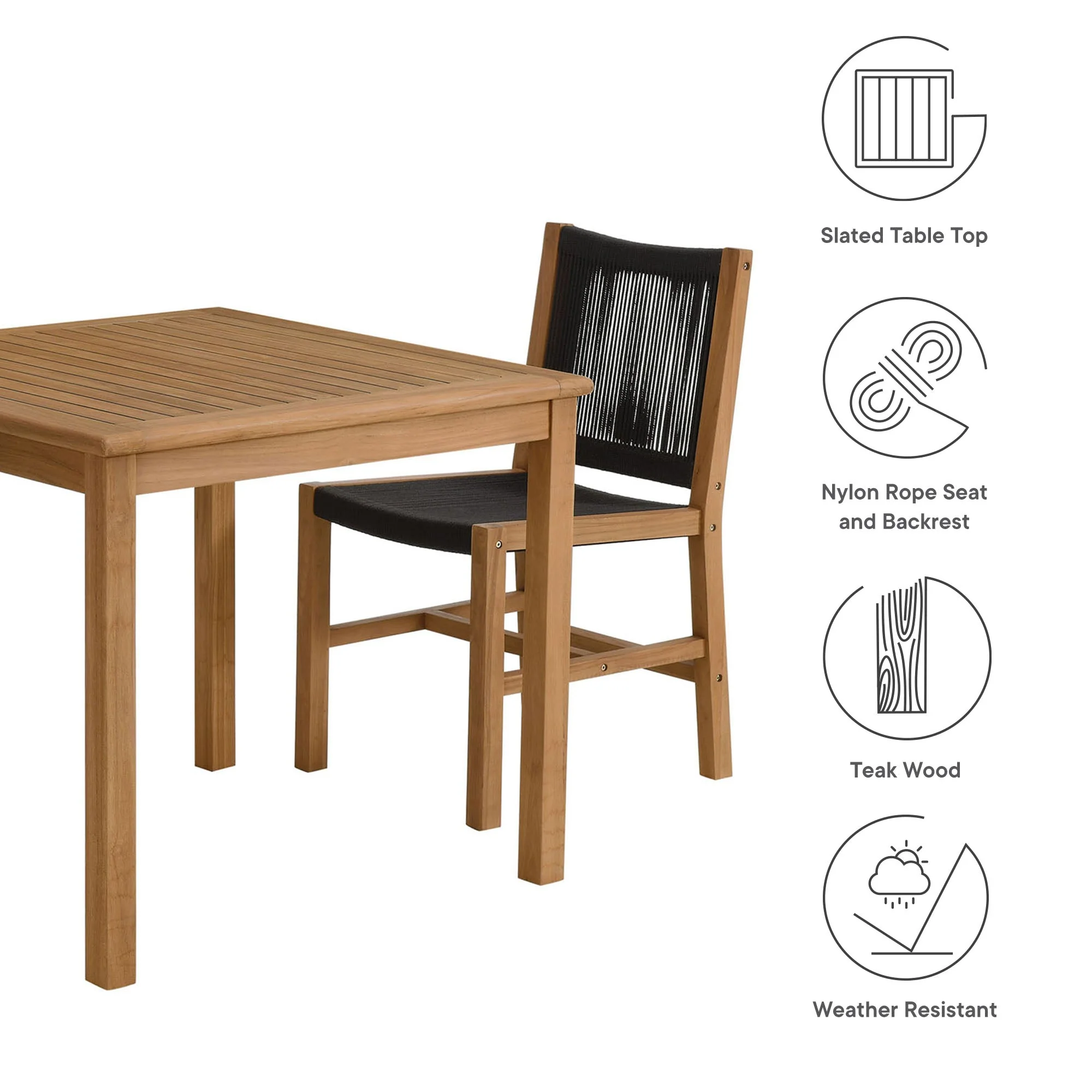 Vienna 3-Piece Outdoor Patio Teak and Rope Dining Set with Armless Chiars - Image 16