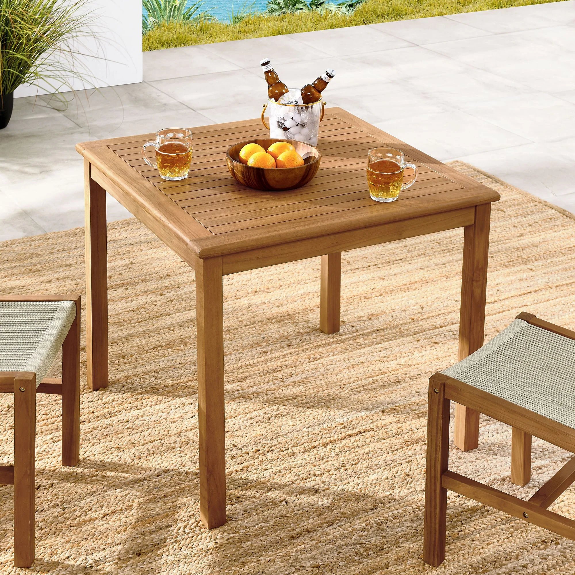 Vienna 34" Square Outdoor Patio Teak Wood Dining Table in Natural - Image 2