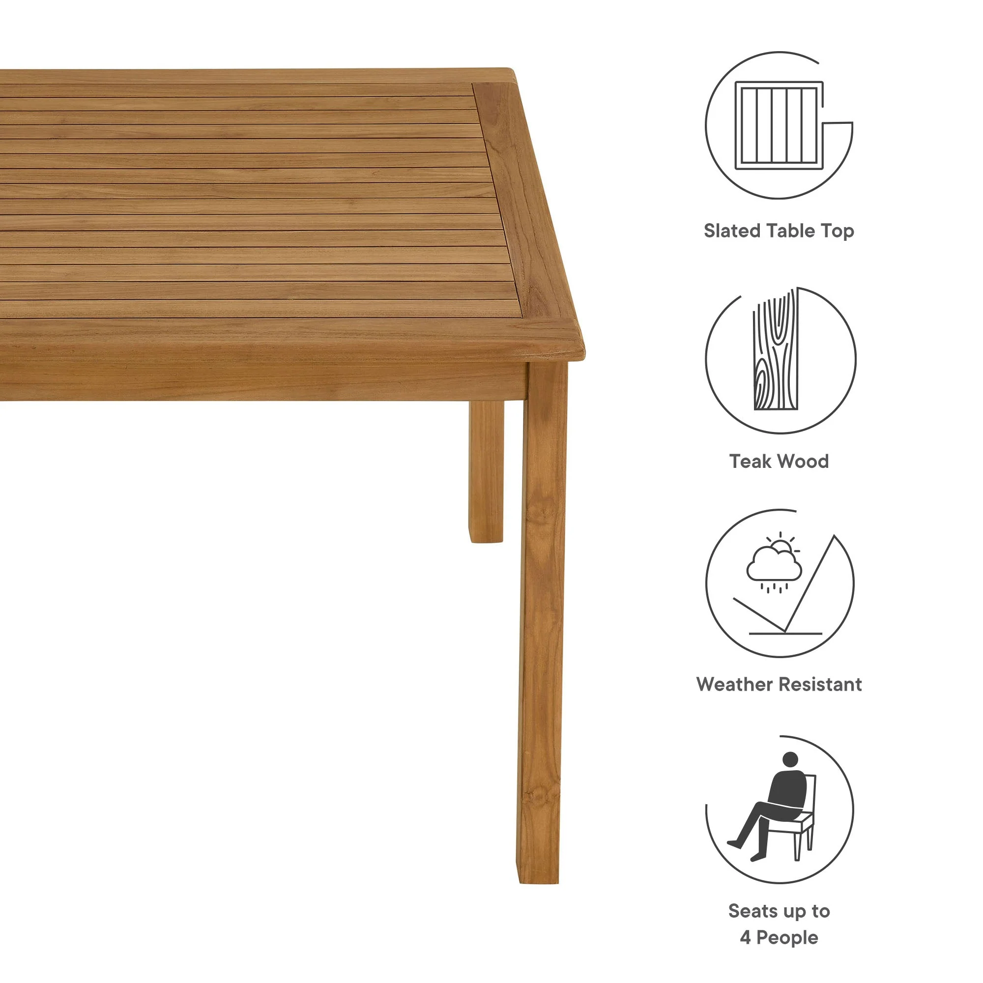 Vienna 34" Square Outdoor Patio Teak Wood Dining Table in Natural - Image 5