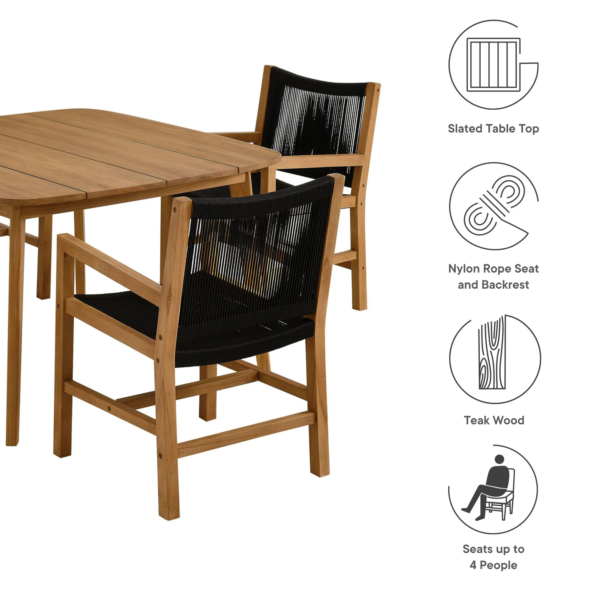 Vienna 5-Piece Outdoor Patio Teak and Rope Dining Set with Armchairs - Image 16