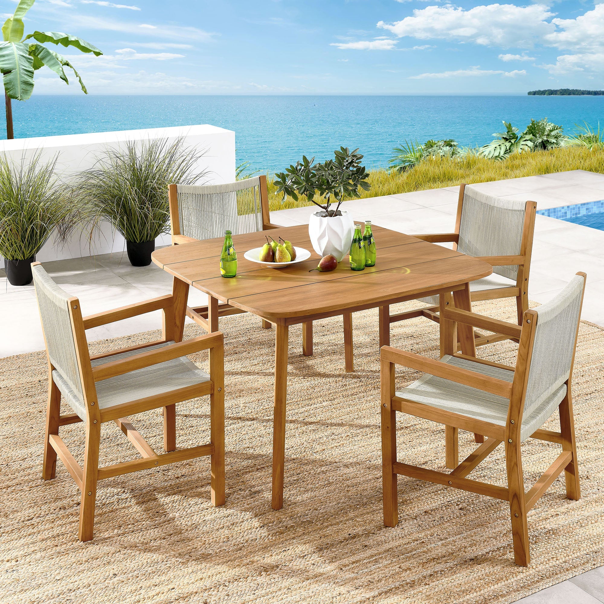 Vienna 5-Piece Outdoor Patio Teak and Rope Dining Set with Armchairs - Image 2