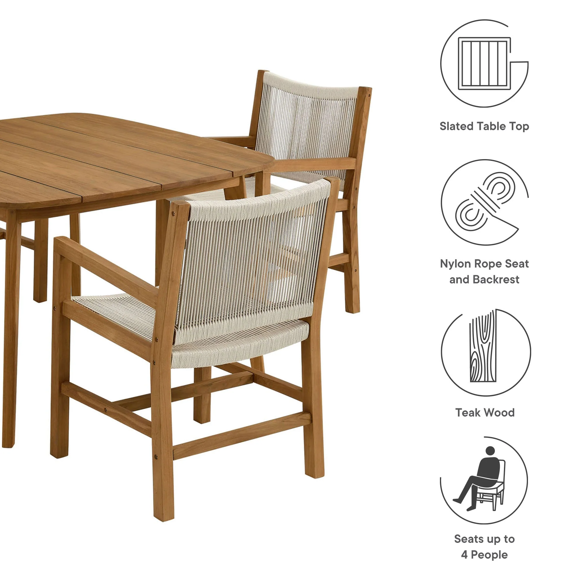 Vienna 5-Piece Outdoor Patio Teak and Rope Dining Set with Armchairs - Image 4