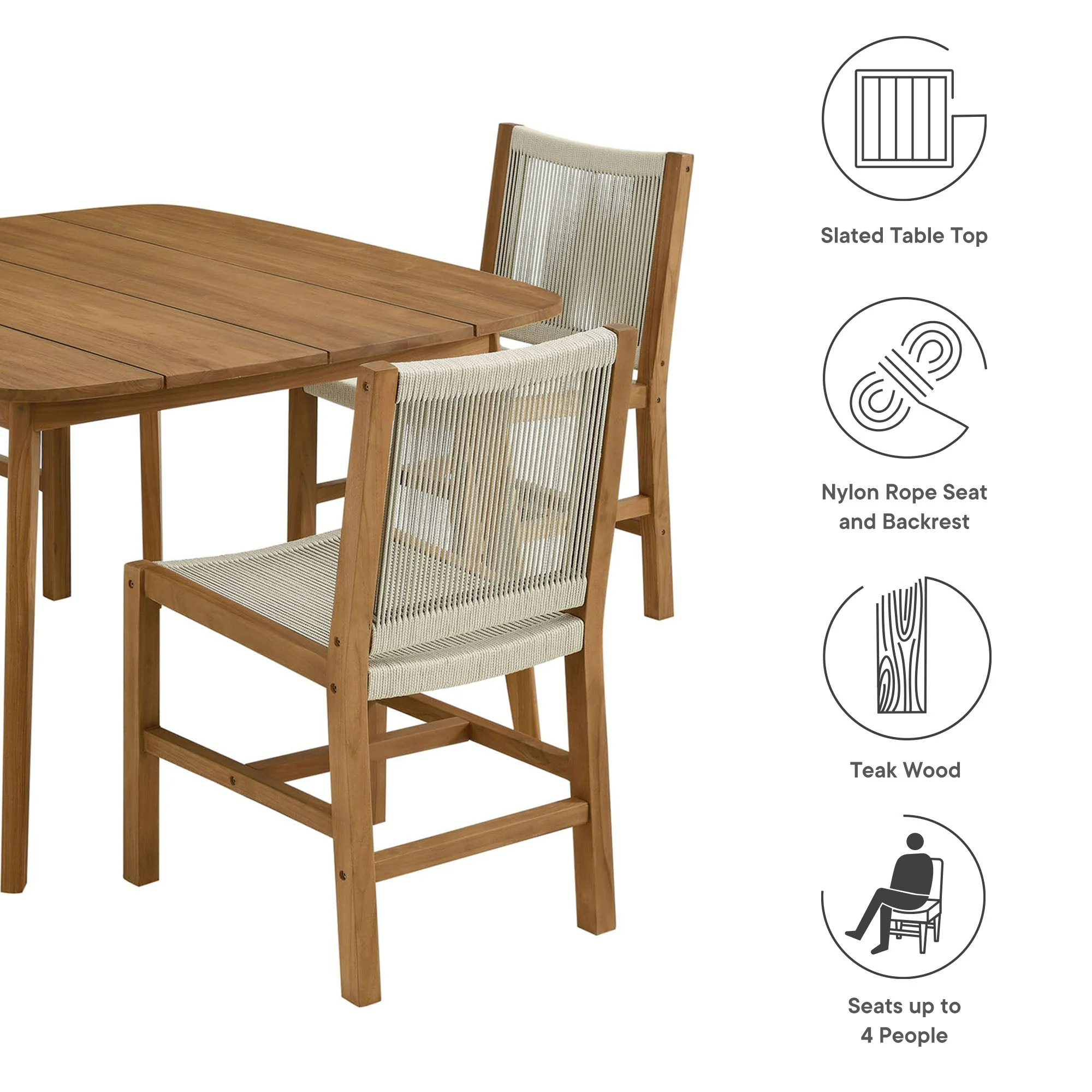Vienna 5-Piece Outdoor Patio Teak and Rope Dining Set with Armless Chairs - Image 4
